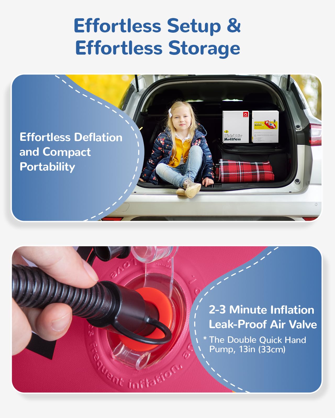 Qpau Inflatable Kids Bed, Toddler Travel Bed With Sides, For Camping, Traveling, Hotel, Or Home Use, Hand Pump Included (Pink)