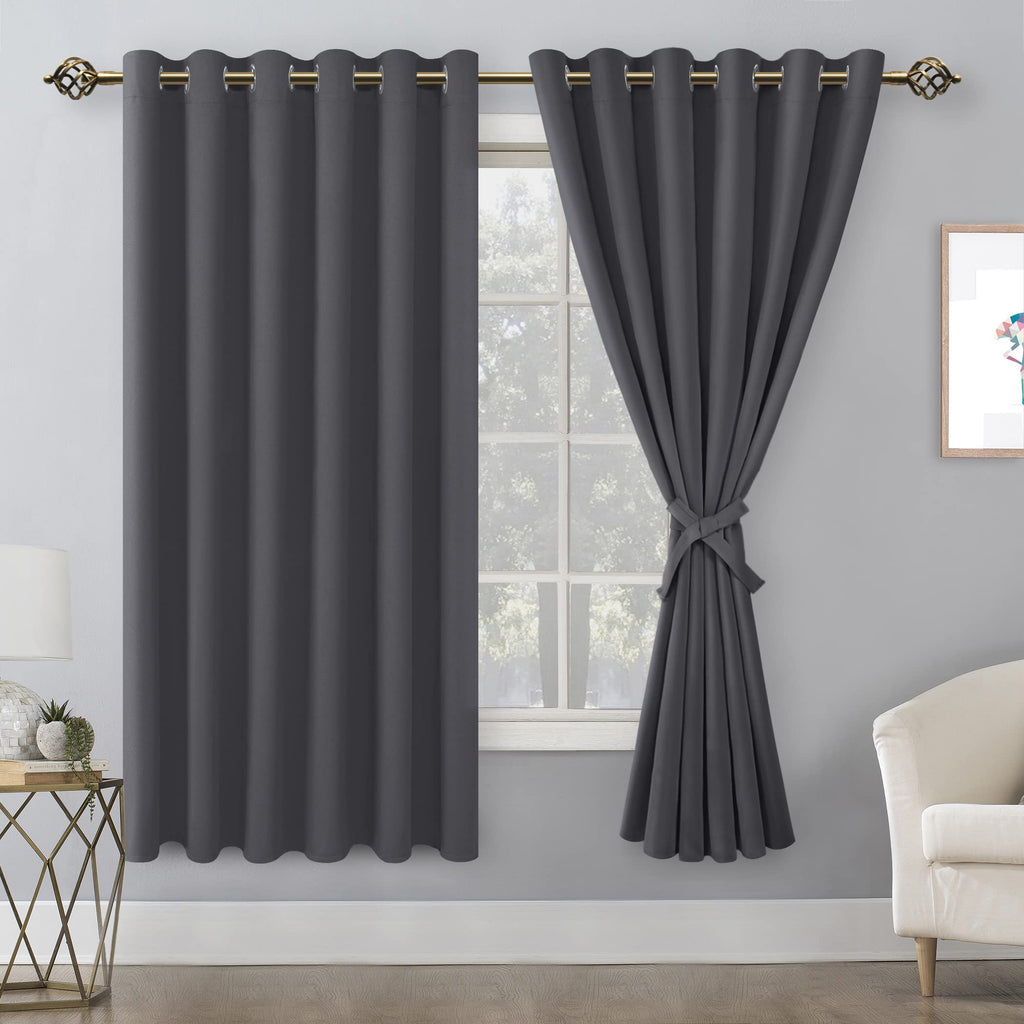 Hiasan Grommet Blackout Curtains For Bedroom, 70 X 63 Inches - Thermal Insulated & Light Blocking Window Drapes For Living Room/Dorm Room, Set Of 2 Panels Sewn With Tiebacks, Dark Grey