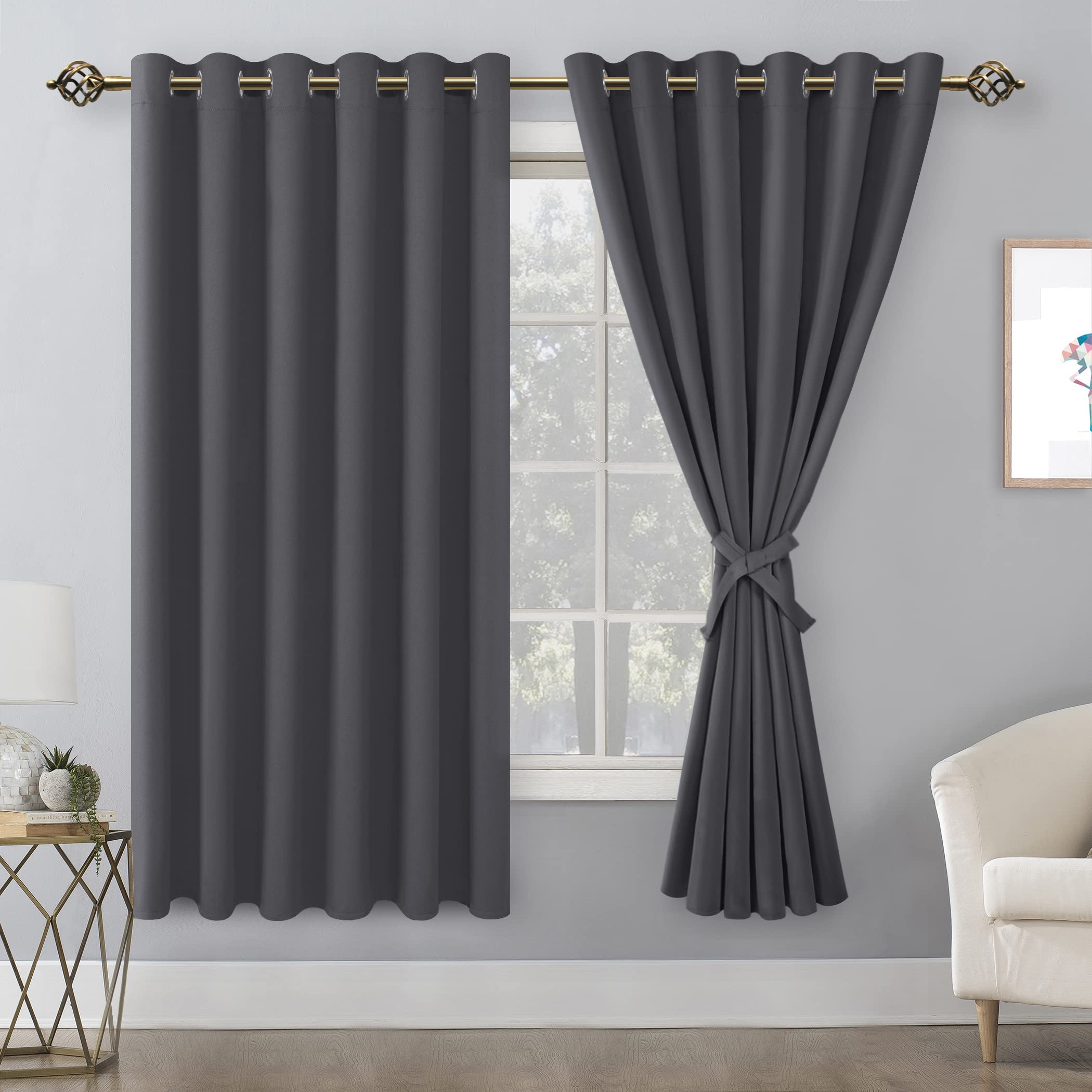 Hiasan Grommet Blackout Curtains For Bedroom, 70 X 63 Inches - Thermal Insulated & Light Blocking Window Drapes For Living Room/Dorm Room, Set Of 2 Panels Sewn With Tiebacks, Dark Grey