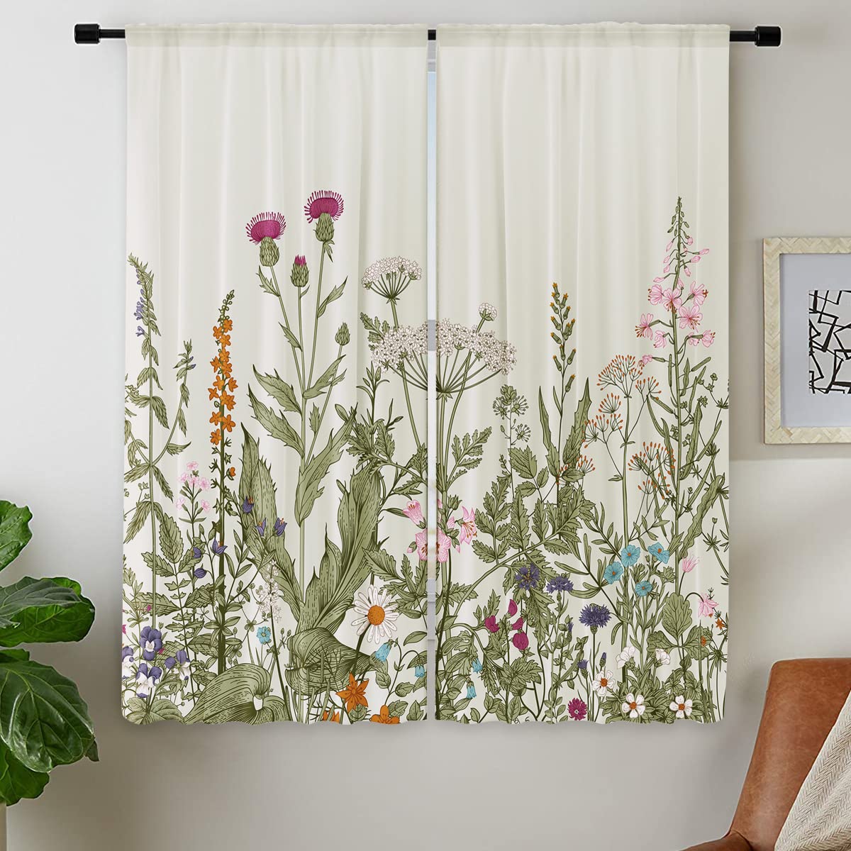 Riyidecor Rustic Flower Curtains Green Leaf Rod Pocket Vintage Floral Colorful Plant Herbs Women Wildflower Blossom Botanical Na