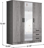 Violet Wardrobe Mirrored Door Closet 3 Doors and 3 Drawers (Grey)