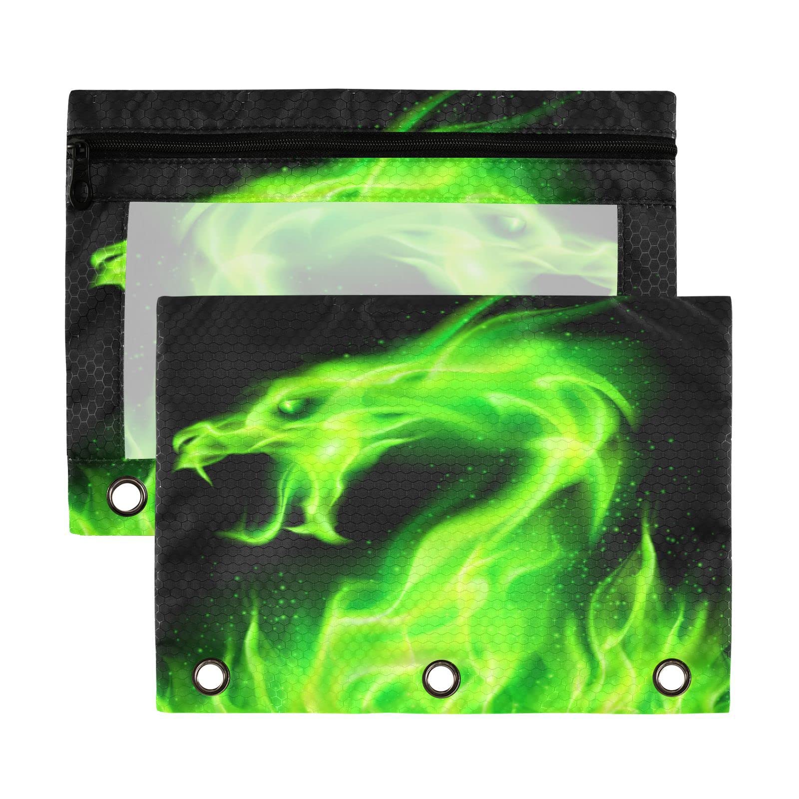 Kcldeci Pencil Pouch For 3 Ring Binder, Green Fire Head Of Dragon 2 Pack Binder Pencil Pouch With Clear Window Pencil Bags With