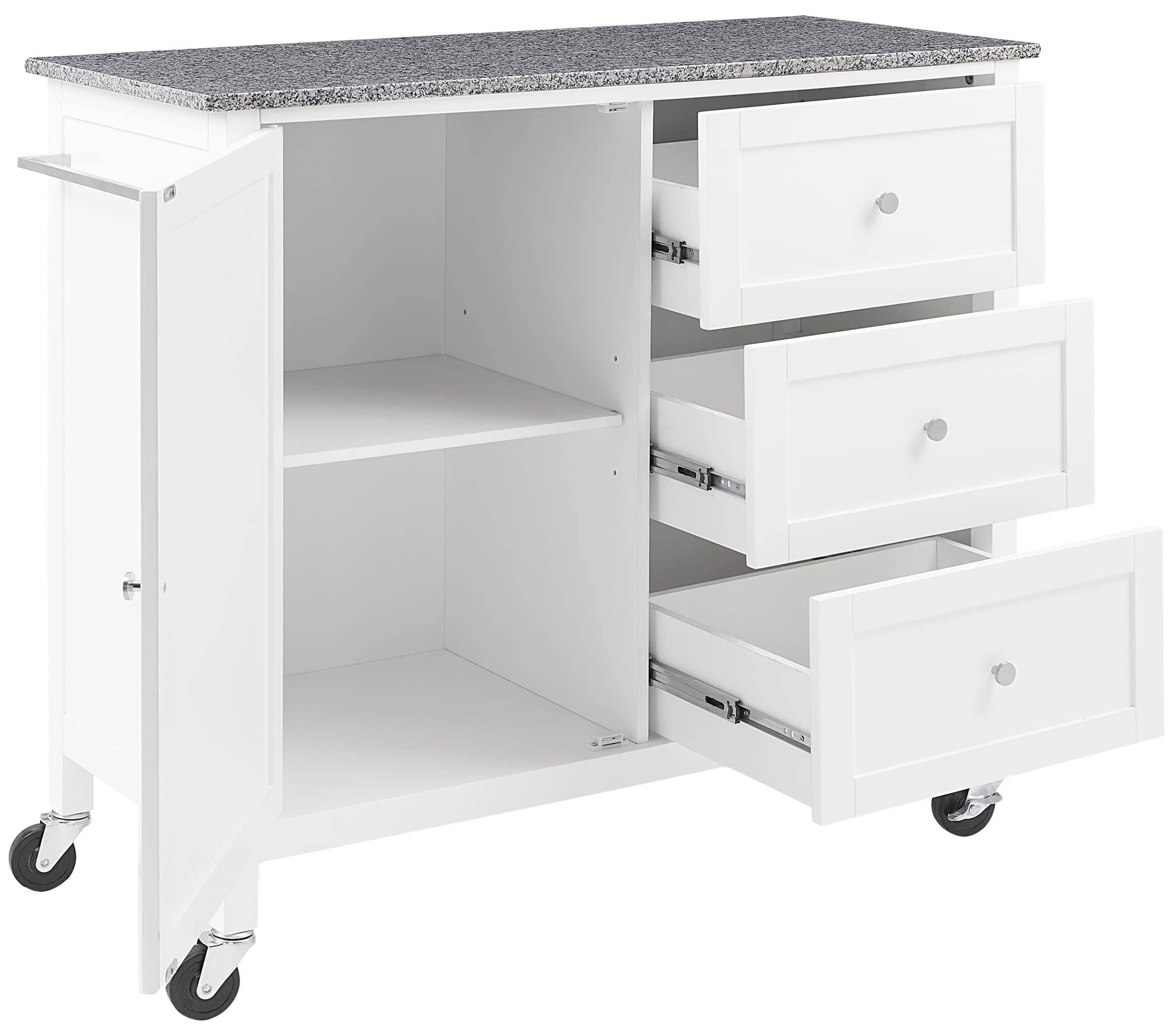 Crosley Furniture Soren Granite Top Rolling Kitchen Island Cart, Microwave Stand, Coffee Bar, With Shelves, White