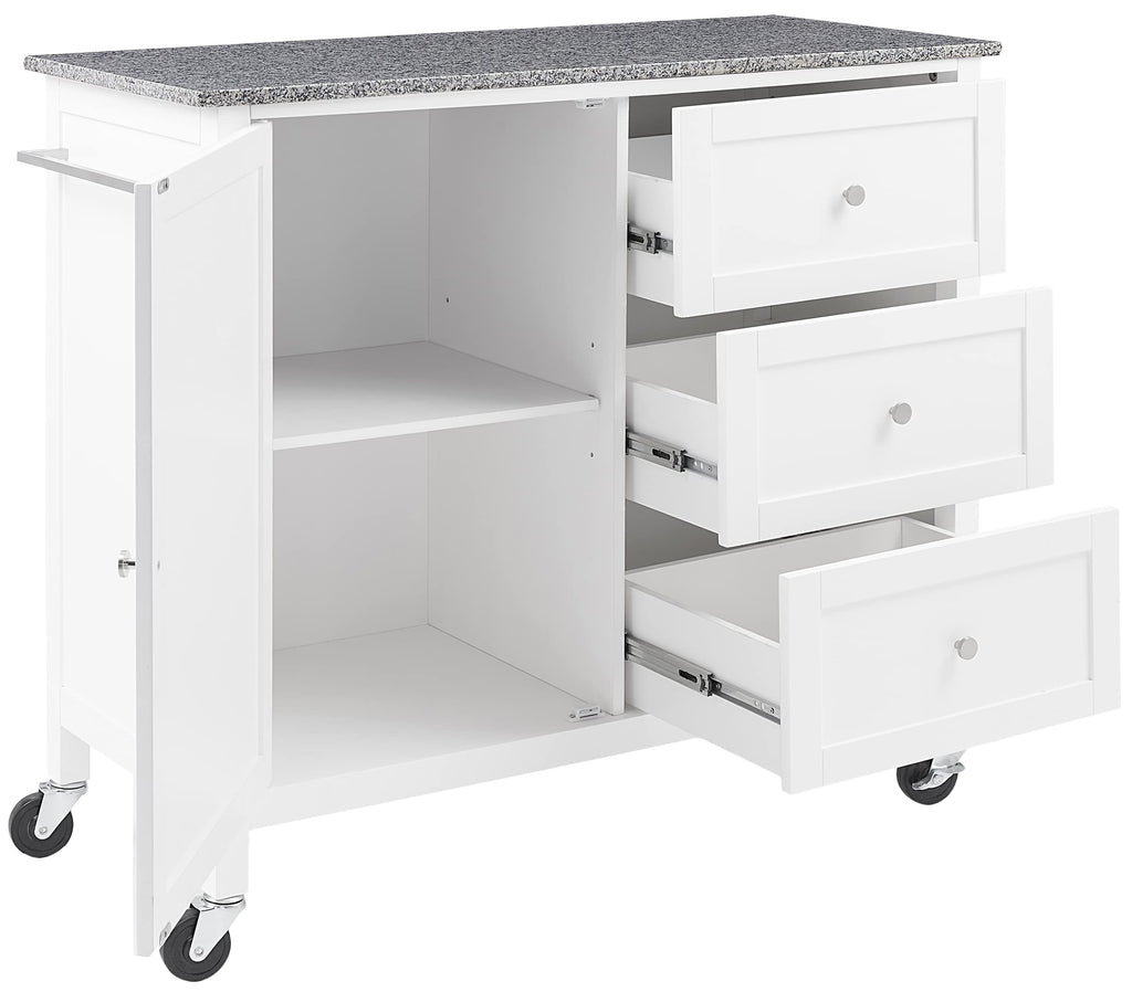 Crosley Furniture Soren Granite Top Rolling Kitchen Island Cart, Microwave Stand, Coffee Bar, With Shelves, White