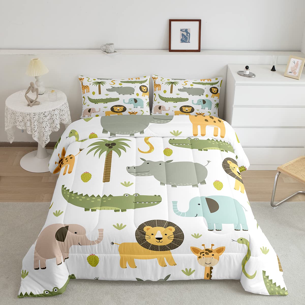 Feelyou Wild Animals Comforter Set Safari Animals Print Comforter For Boys Girls Teens Cute Hippo Crocodile Lion Bedding Set Kid