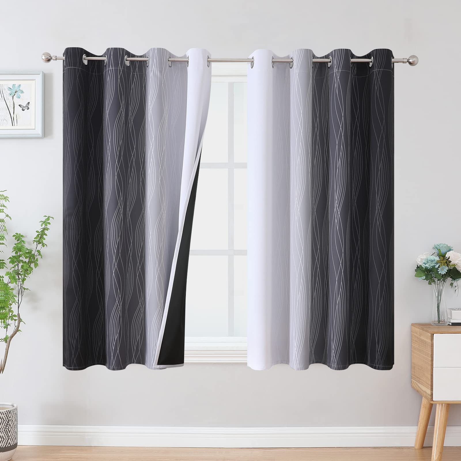 Estelar Textiler Ombre Greyish White And Black Blackout Curtains & Drapes 45 Inch Length 2 Panels For Bedroom, Thermal Insulated