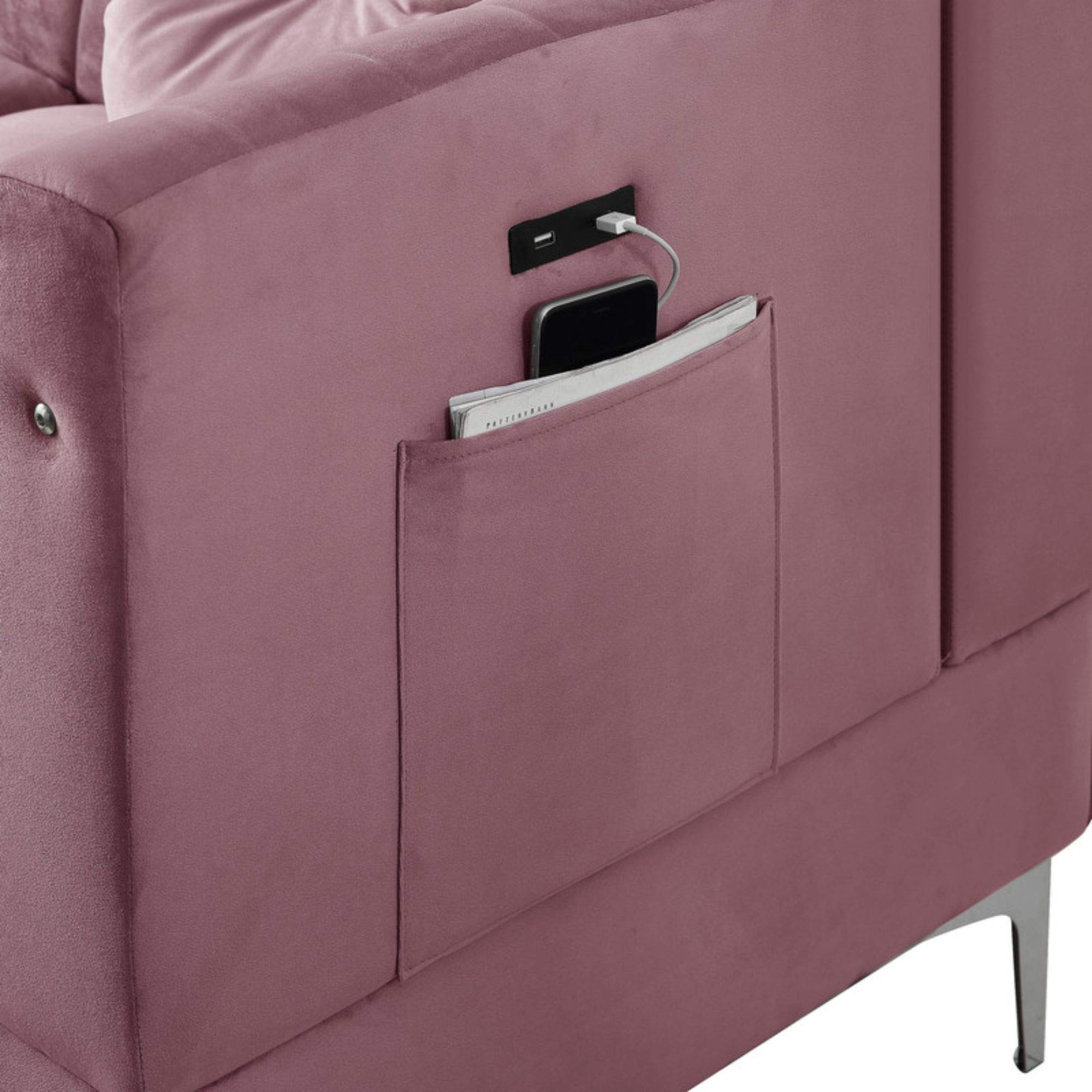 Lilola Home Chloe Pink Velvet Sectional Sofa Chaise with USB Charging Port