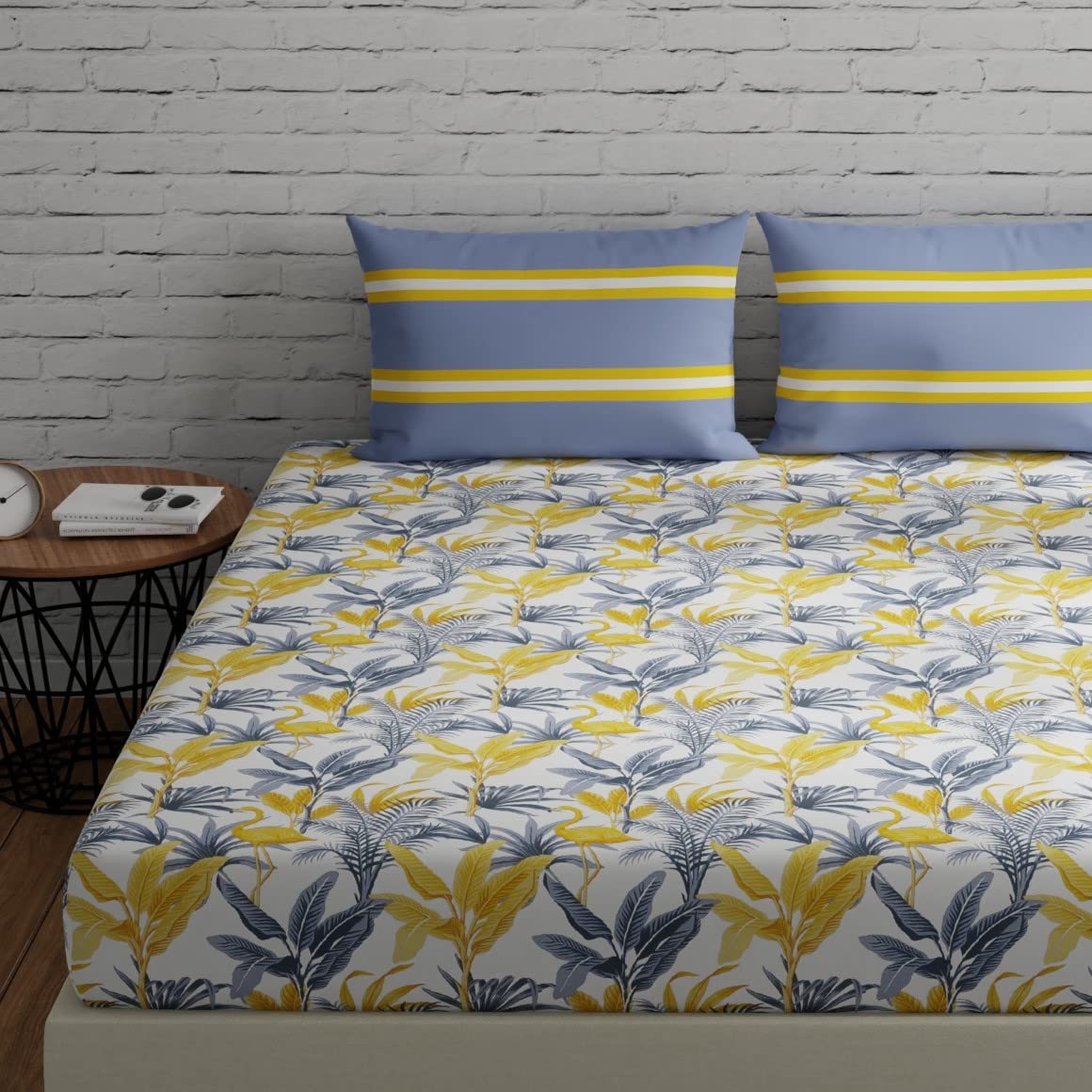 Huesland By Ahmedabad Cotton 144 Tc Cotton Bed Sheet Double Bed With 2 Pillow Covers | Flamingos & Stripes Grey & Yellow