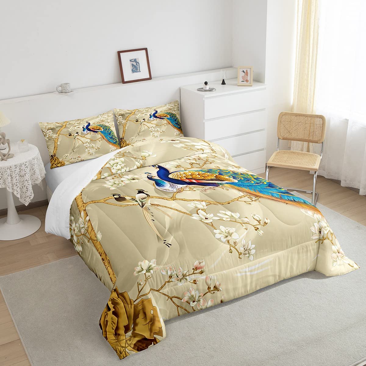 Feelyou Peacock Comforter Peacock With Floral Bedding Set For Kids Adults Girls Animals Comforter Set Botanical Quilt Set 1 Comf