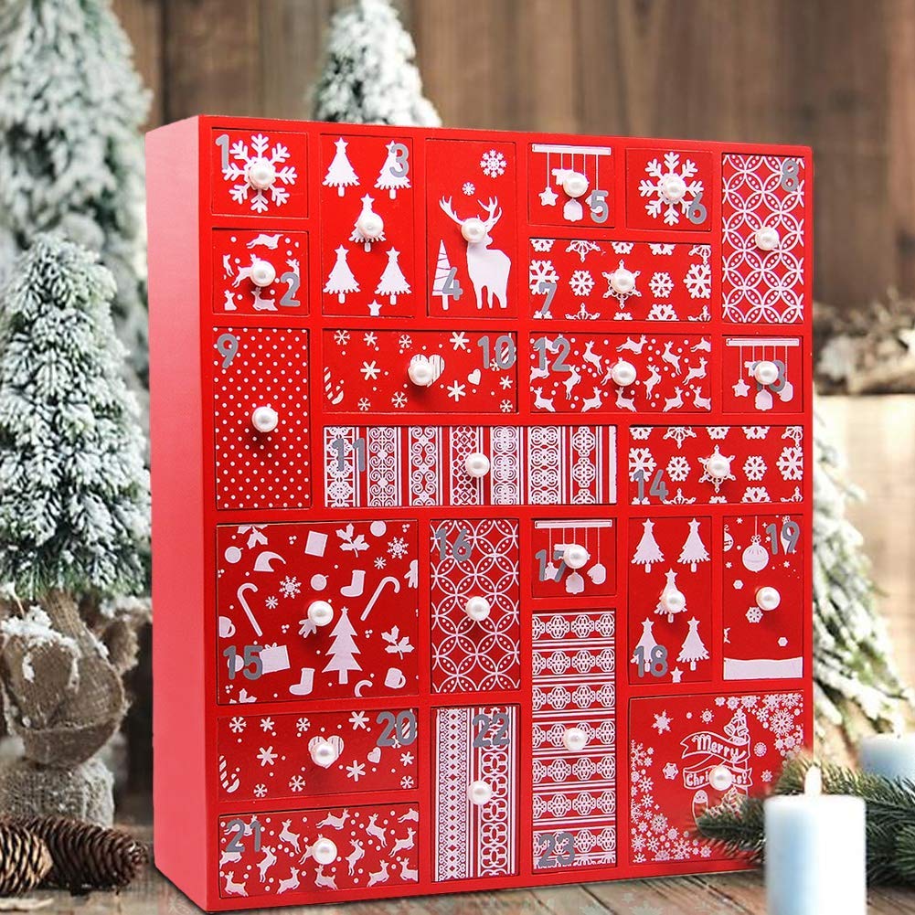 Juegoal Red Advent Calendar With 24 Drawers Countdown To Christmas, Refillable Wooden Advent, 15 Inches Tall