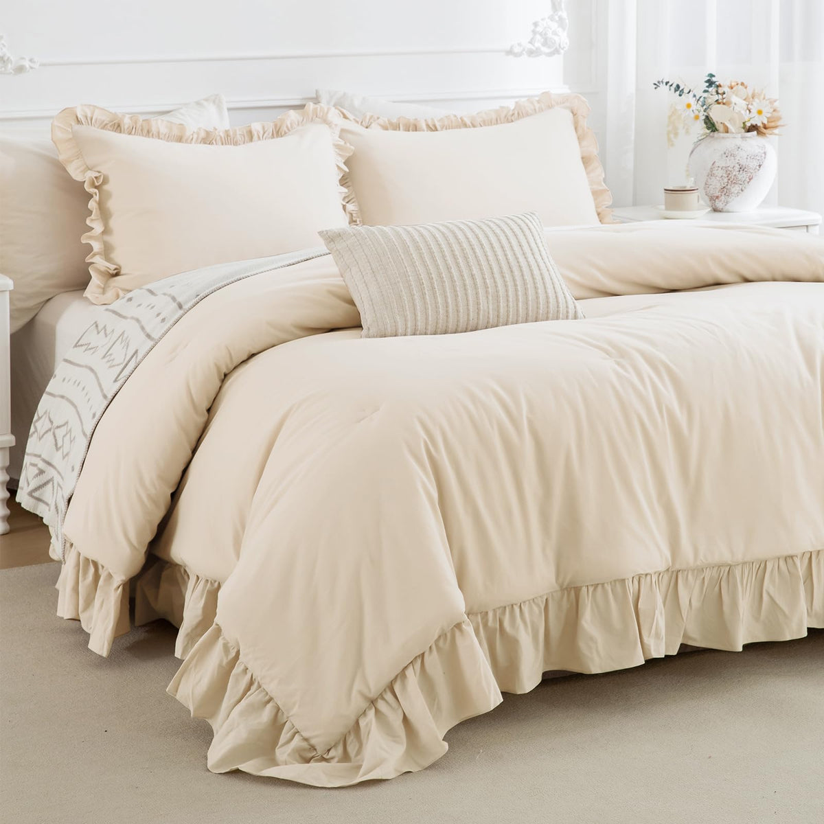Cozytide 100% Cotton Ruffled Comforter Set Queen,3-Piece Farmhouse Shabby Boho Chic Bedding,Ultra Soft Fluffy Wheat Ruffle Comfo