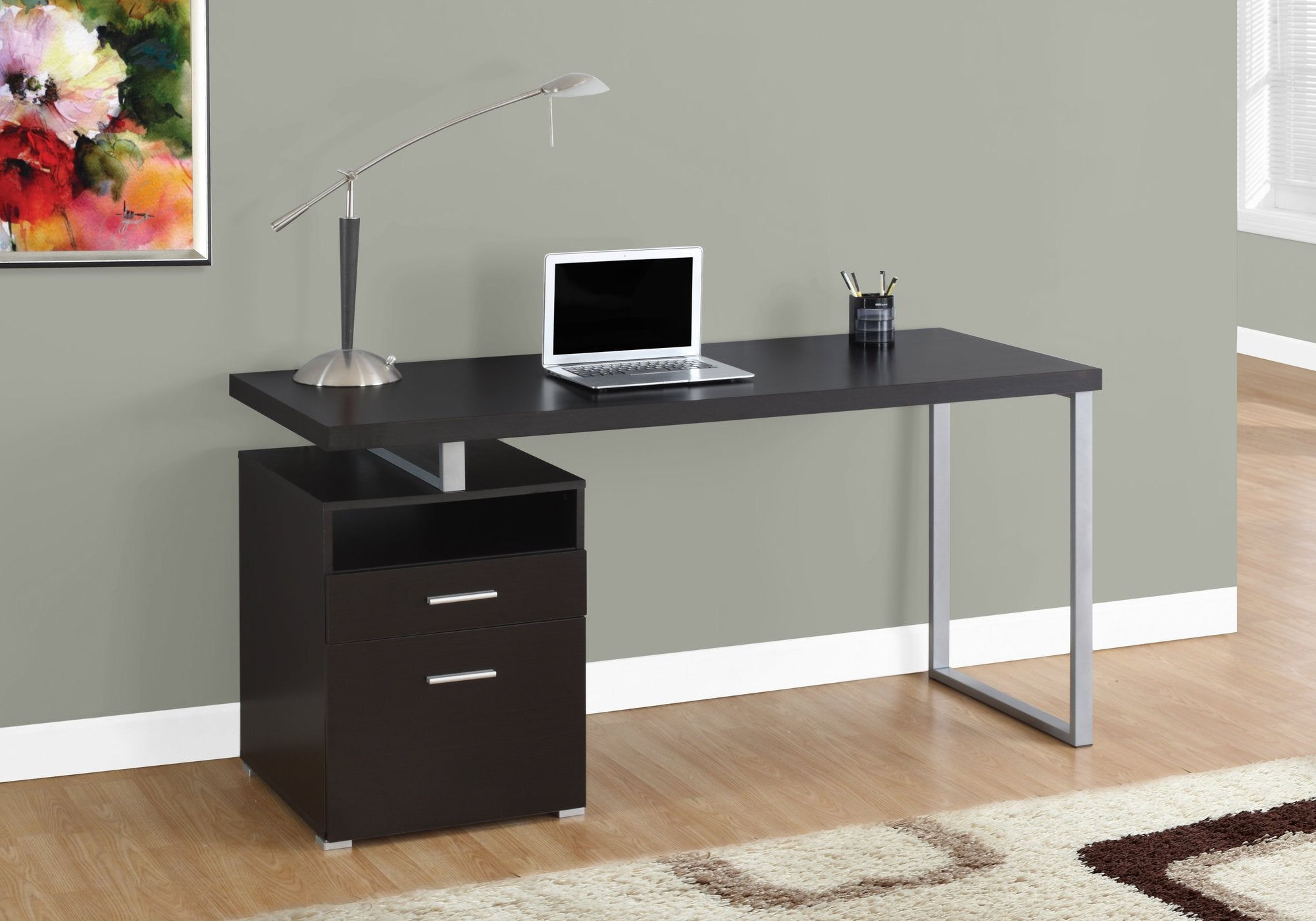Monarch Specialties Computer Writing Desk For Home & Office Laptop Table With Drawers Open Shelf And File Cabinet-Left Or Right Set Up, 60&quot; L, Black-Grey Top