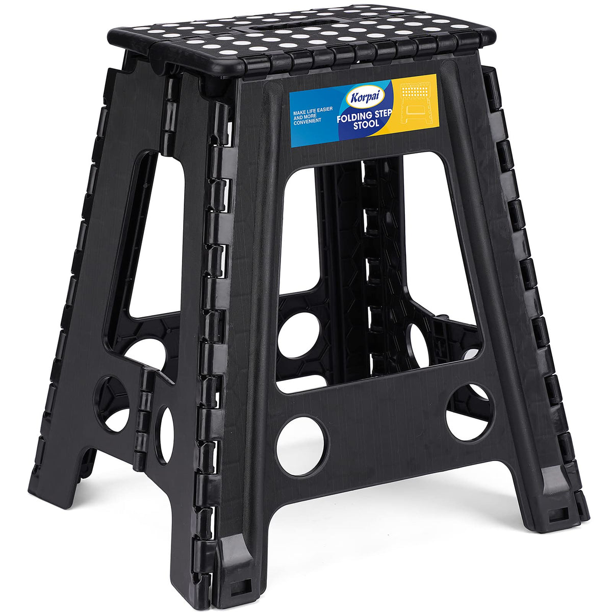 Korpai 18' Folding Step Stool For Adults And Kids Holds Up To 300 Lbs,Non-Slip Folding Stools With Portable Handle, Compact Plastic Foldable Step Stool For Bathroom,Bedroom, Kitchen,Black,1Pc