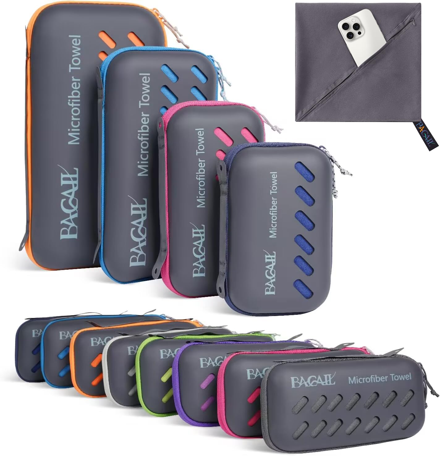 BAGAIL Microfiber Travel Towel, Dark Grey, 36 x 72 inches, Compact and Super Absorbent, Skin Friendly, Portable Case Included