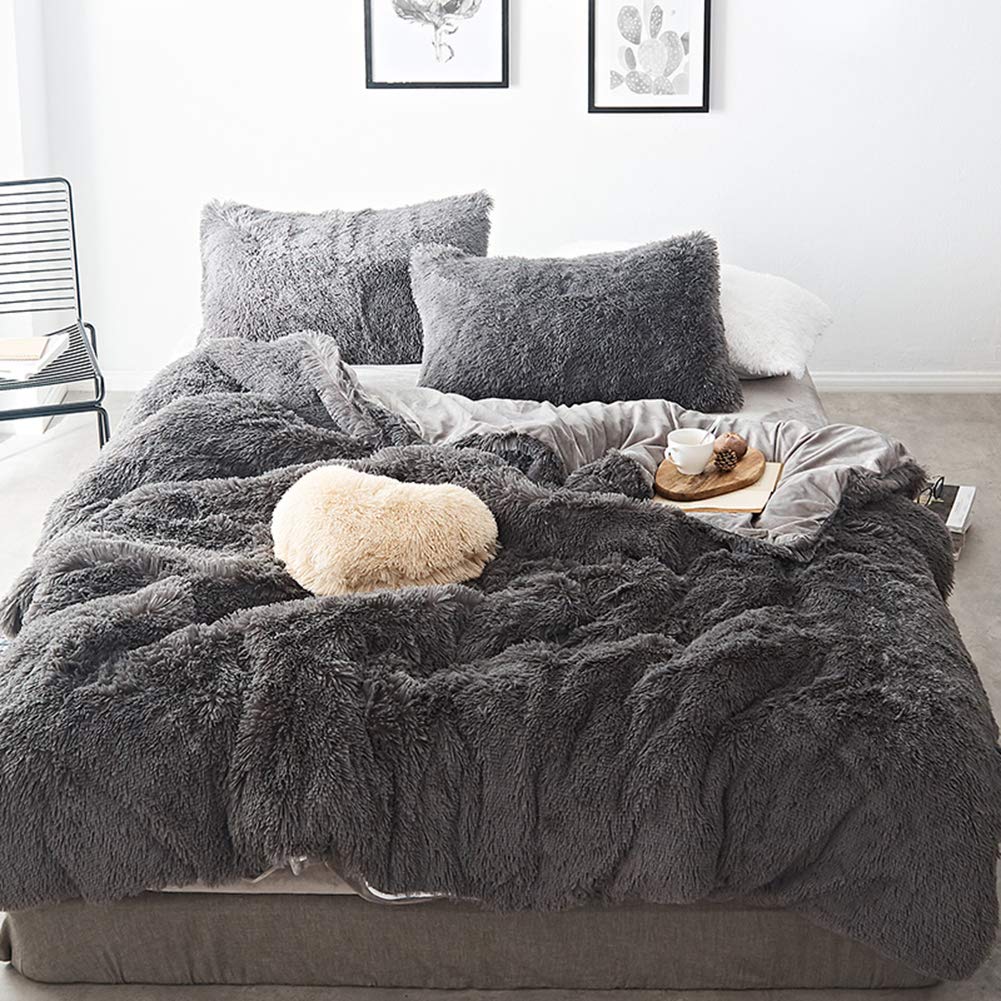 Morromorn 5 Pcs Shaggy Duvet Cover Bedding Set - Fluffy Comforter Cover Long Faux Fur Luxury Ultra Soft Cozy (Grey, Full/Queen)