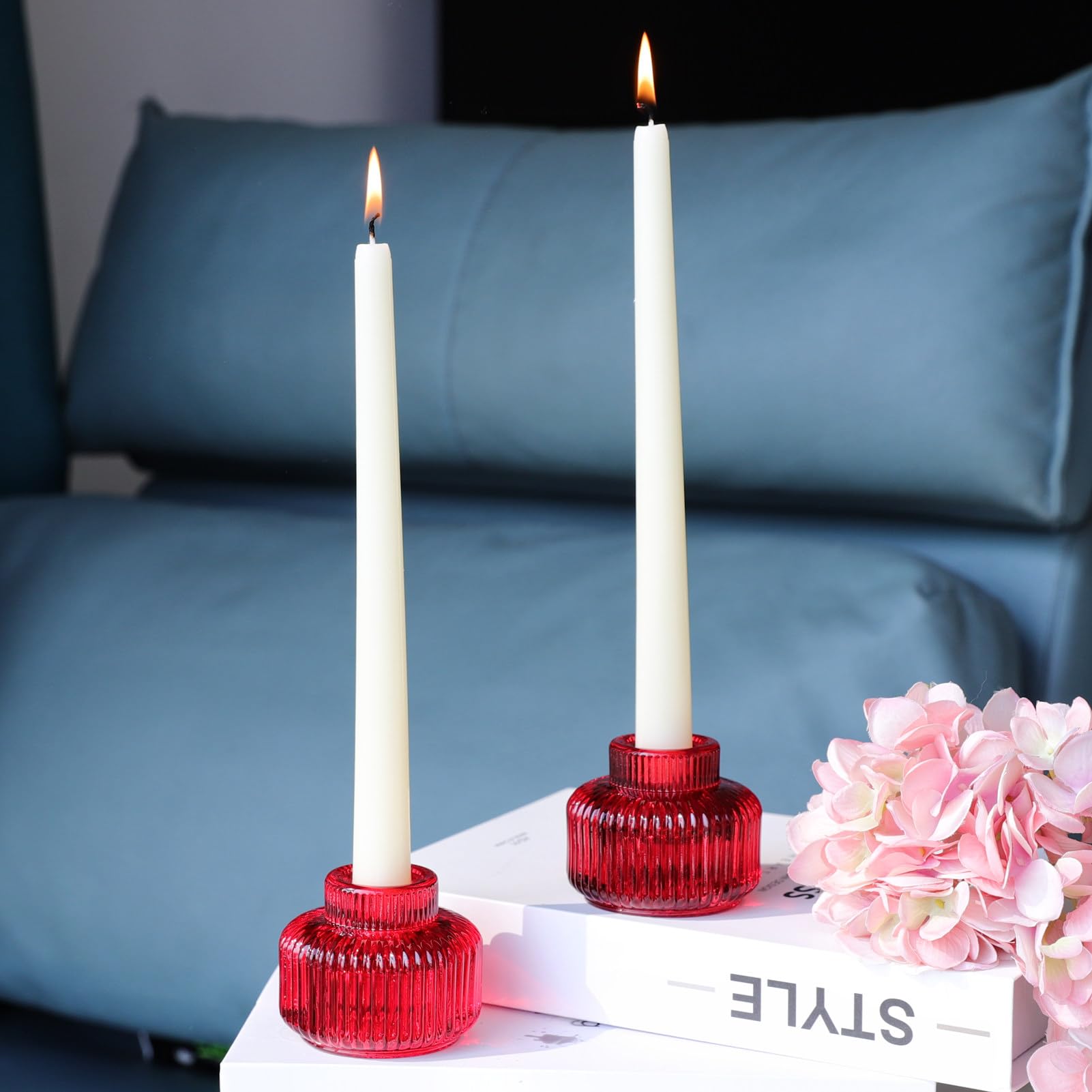Woho Red Taper Candle Holders Set of 4 for Christmas Decorations, Reversible Ribbed Glass Candlestick Holders for Wedding Table,