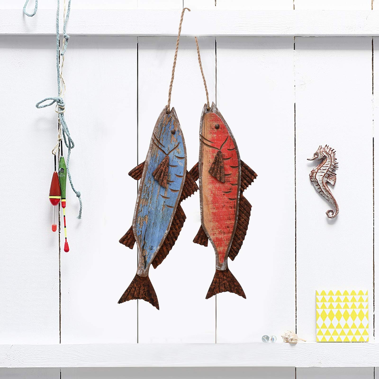 Attraction Design Wooden Fish Decor Hanging Wood Fish Decorations For Wall, Rustic Nautical Fish Decor Beach Theme Home Decorati