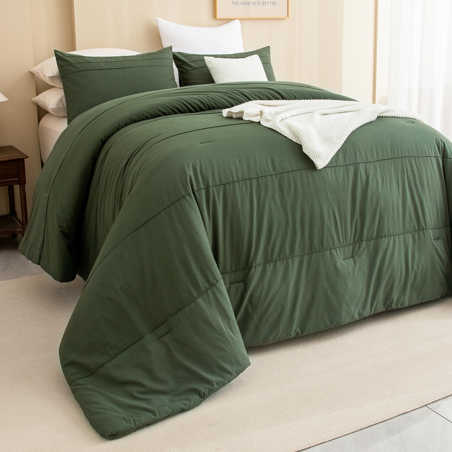 Cozytide Olive Green Comforter Oversized 120''X120'',100% Cotton Pleated Dark Green Bedding Set,3 Pieces Soft Lightweight Fluffy