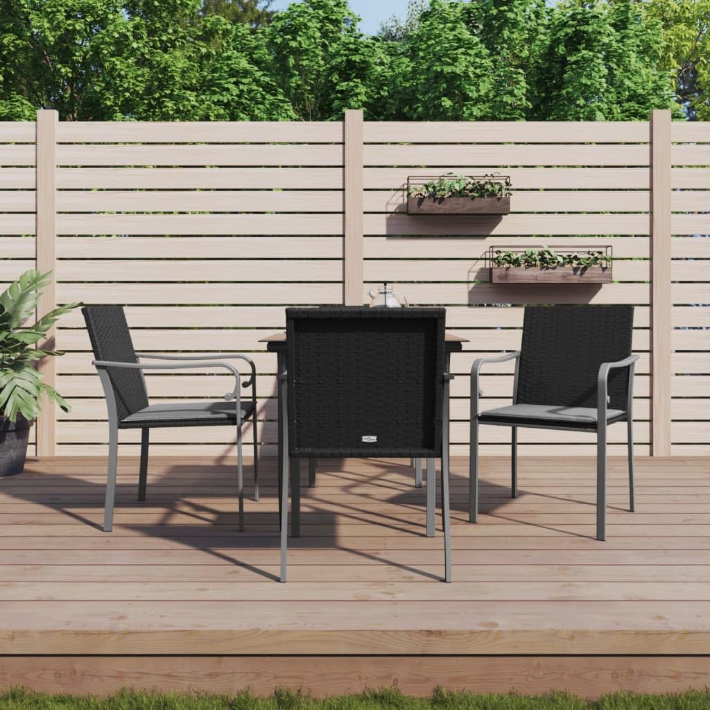 vidaXL 5 Piece Outdoor Patio Dining Set with Cushioned Seating - Poly Rattan and Steel Construction, Tempered Glass Tabletop in Black