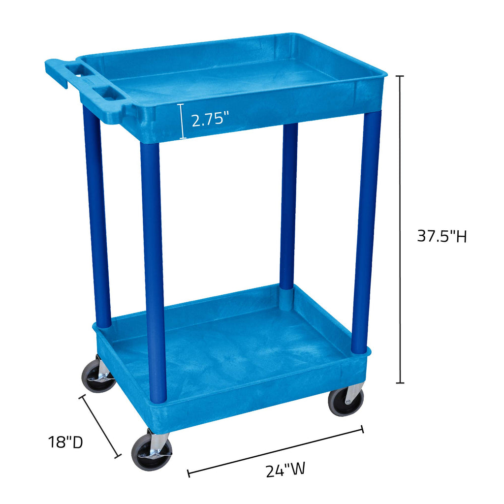 LUXOR BUSTC11BU Multipurpose Utility Tub Cart with Two Shelves Each with 2.75" Deep Walls, 300 Lbs. Capacity, Blue