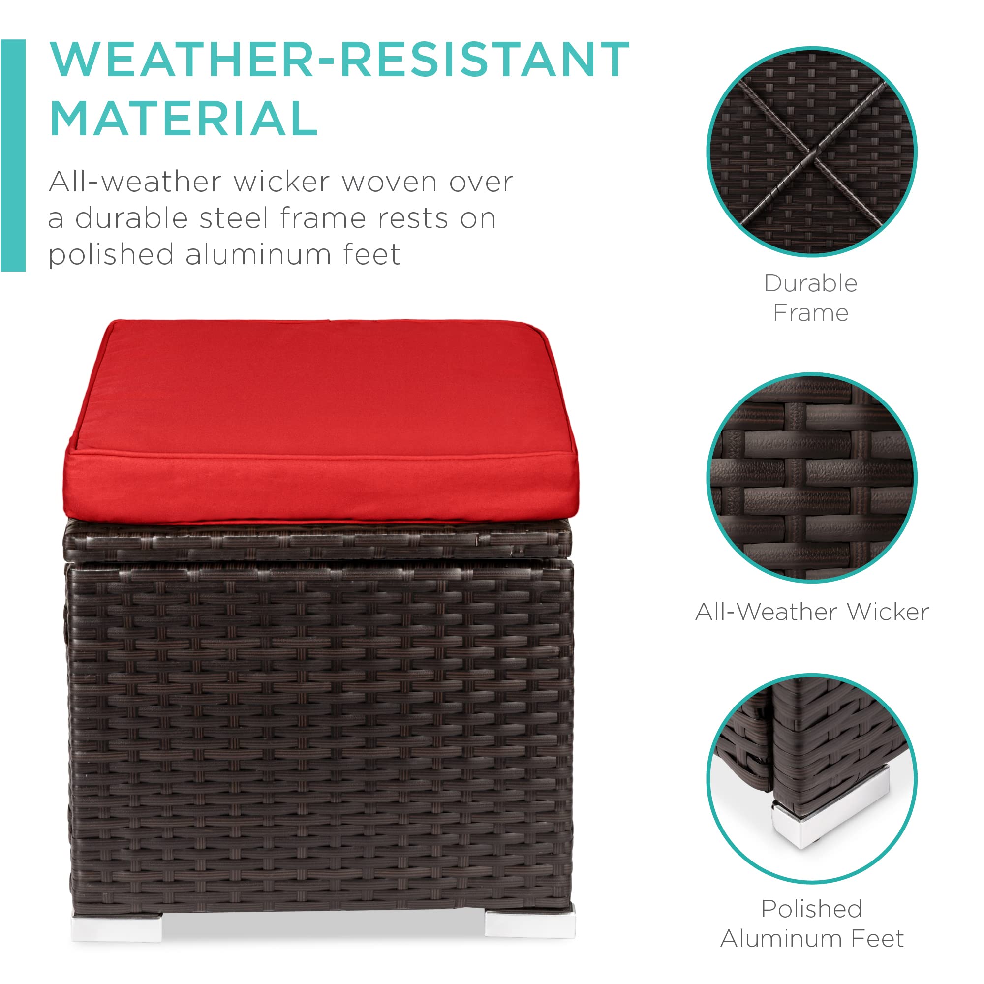 Best Choice Products Set Of 2 Wicker Ottomans, Multipurpose Outdoor Furniture For Patio, Backyard, Additional Seating, Footrest, Side Table W/Storage, Removable Cushions - Red/Brown