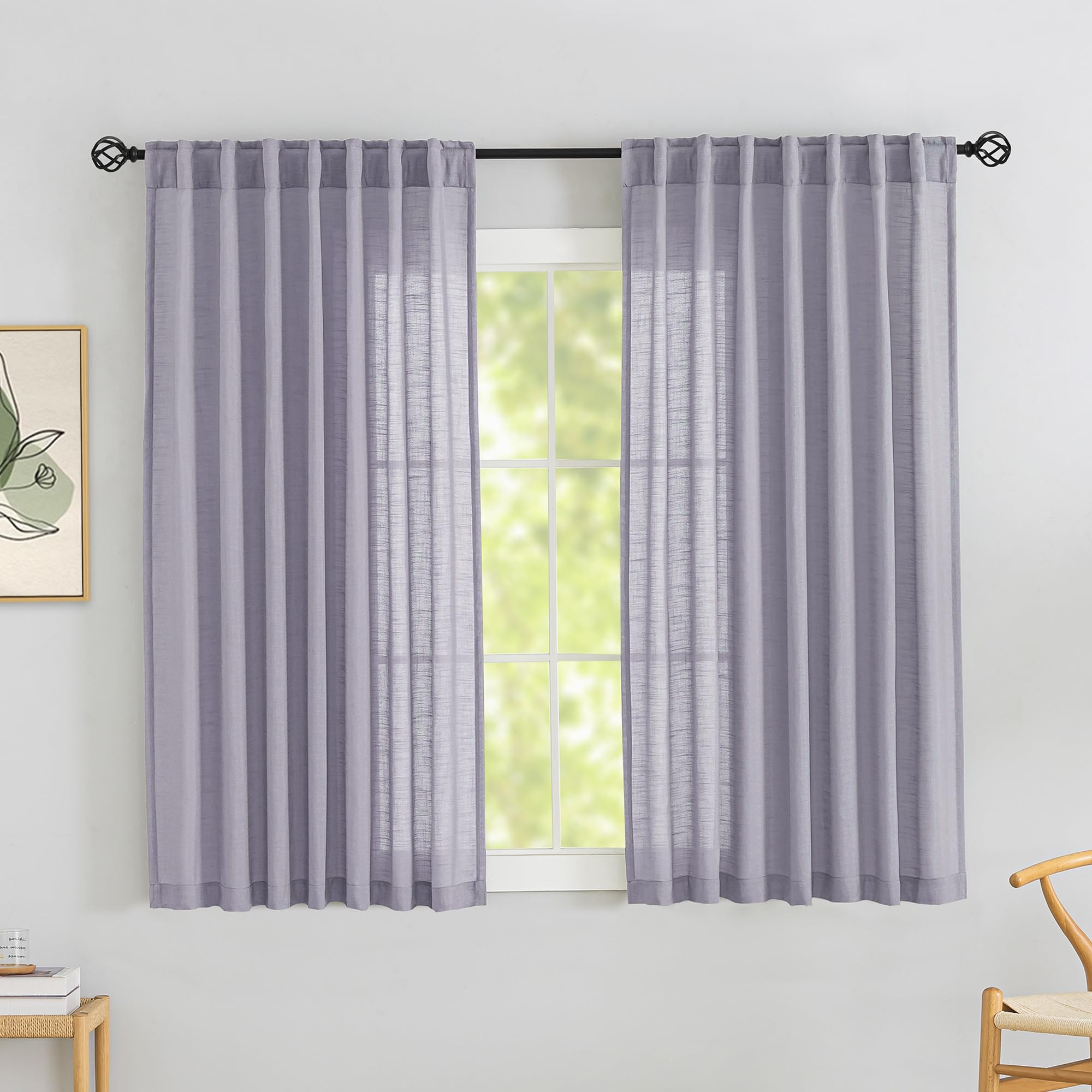 Lavender Linen Back Tab Curtains 72 Inches Long 2 Panels Set For Guest Room - Modern Country Rod Pocket Semi Sheer Privacy Drapes Hooks Light Filtering Playroom Curtains 52 X 72 Inch Lilac