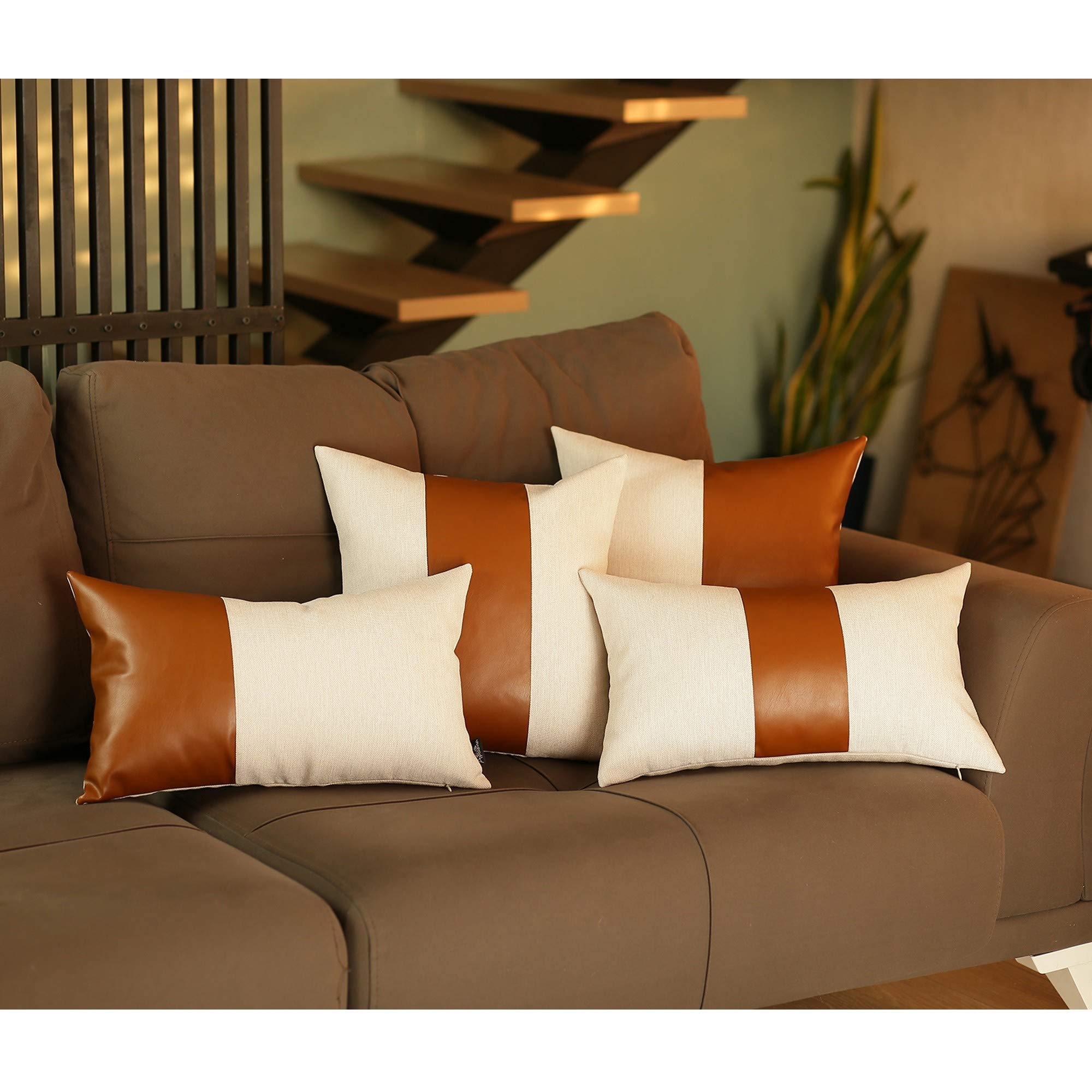 HomeRoots White and Brown Faux Leather Lumbar Decorative Pillow Cover