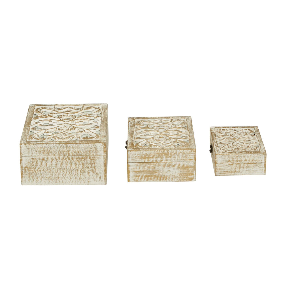 Deco 79 Mango Wood Floral Handmade Decorative Box Decorative Keepsake Boxes With Hinged Lid, Set Of 3 Storage Boxes 8'', 10'', 1