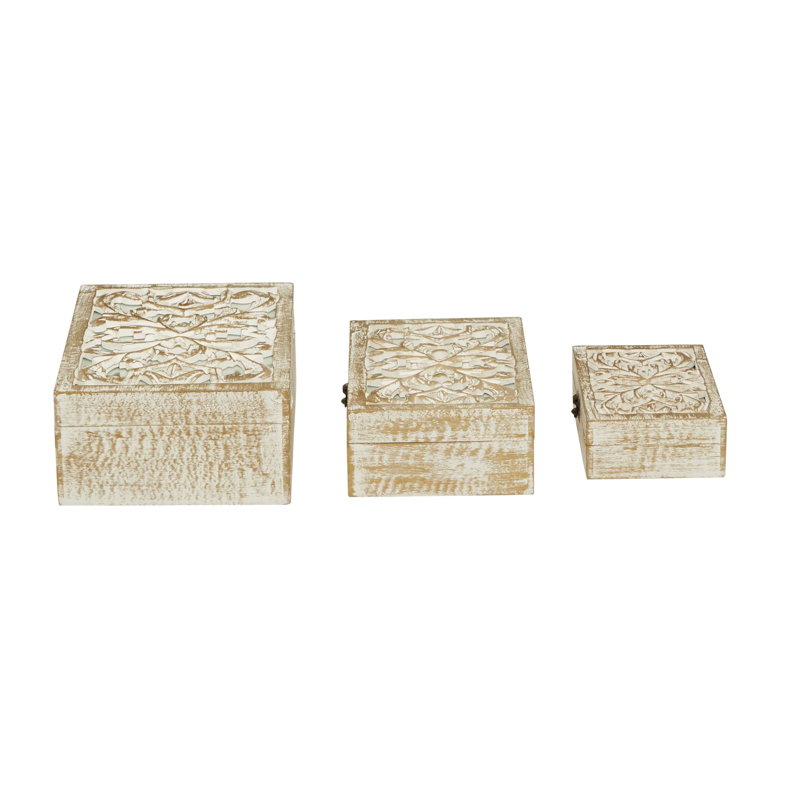 Deco 79 Mango Wood Floral Handmade Decorative Box Decorative Keepsake Boxes With Hinged Lid, Set Of 3 Storage Boxes 8'', 10'', 1