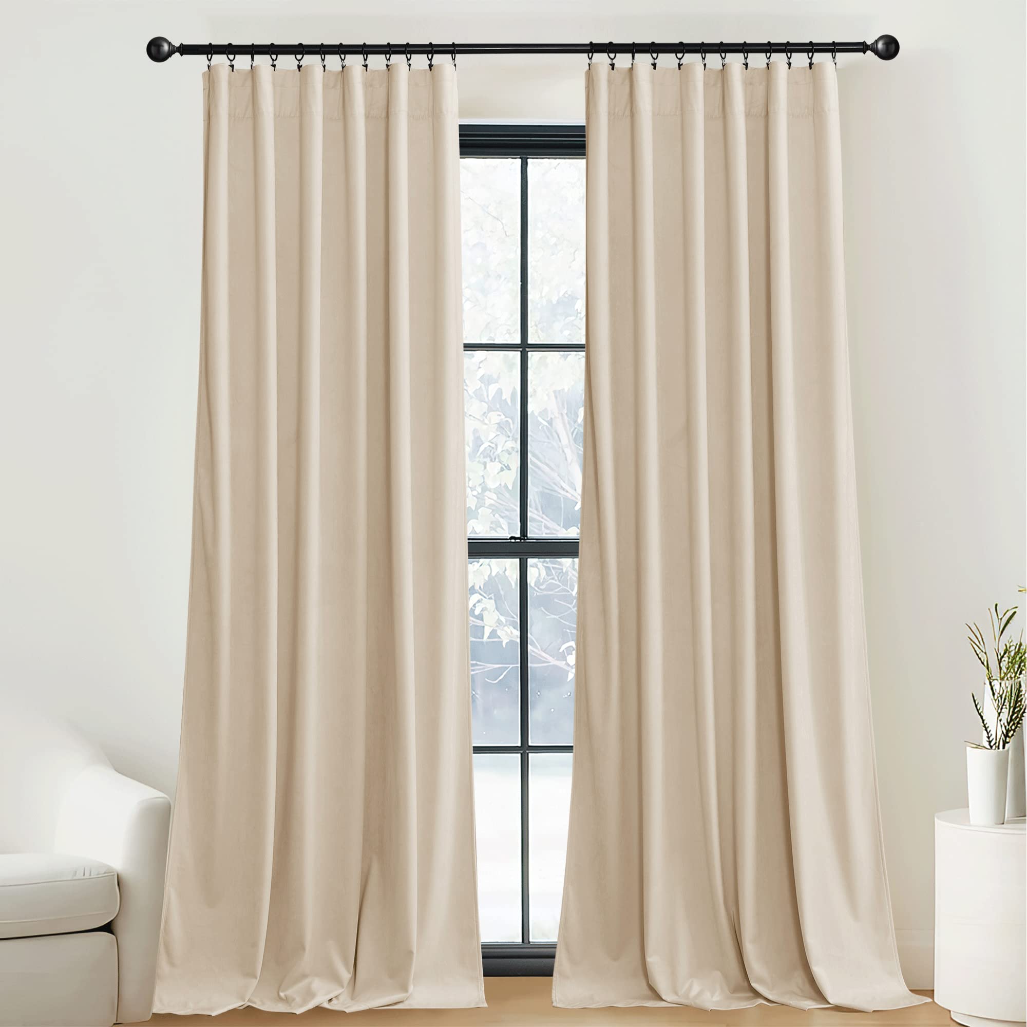 Nicetown Thick Beige Velvet Drapes For Bedroom, Rod Pocket Classic Room Darkening Window Dressing For Villa, Hall And French Doo
