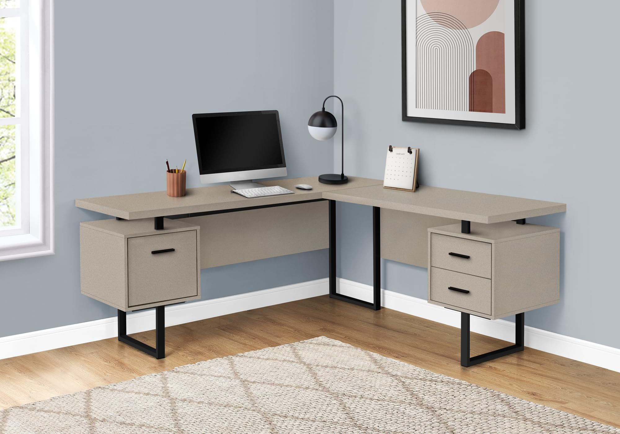 Monarch Specialties 7614 Computer Desk, Home Office, Corner, Left, Right Set-Up, Storage Drawers, 70&quot; Shape, Work, Laptop, Metal, Laminate, Beige, Desk-70 L Modern Taupe Black R, 71&quot; L X 71&quot; W X 30&quot; H