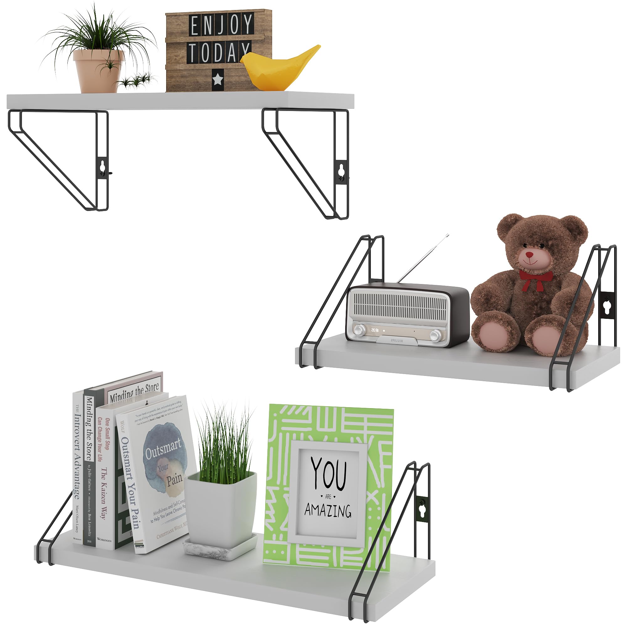 Sumbame White Floating Shelves For Wall, Wooden Wall Shelves With Sturdy Metal Brackets, Book Shelf Wall Mounted Set Of 3, Rustic Wall Mounted Shelf For Bedroom, Bathroom, Kitchen, Room Decor