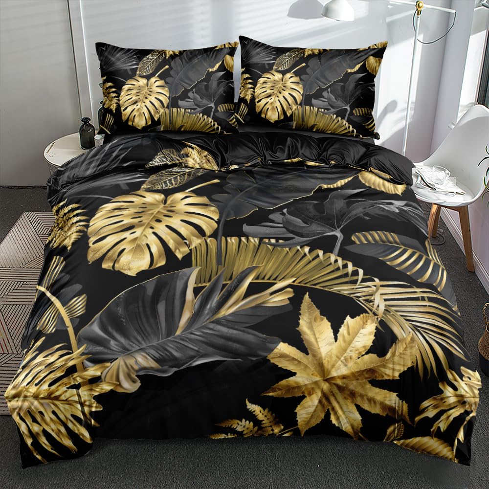 Holiyjog King Size Palm Leaf Botanical Duvet Cover Set - Tropical Leaves Bedding For Boys & Girls Room, Soft & Romantic Natural
