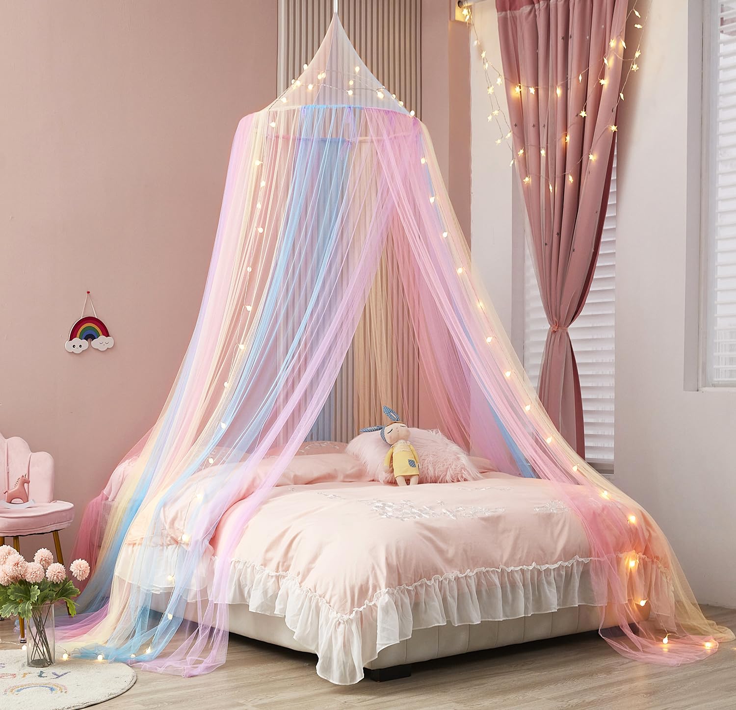 Rainbow Bed Canopy For Girls, Bed Canopy With Lights Canopy For Girls Room Bed Mosquito Netting For Twin Single Full Queen King