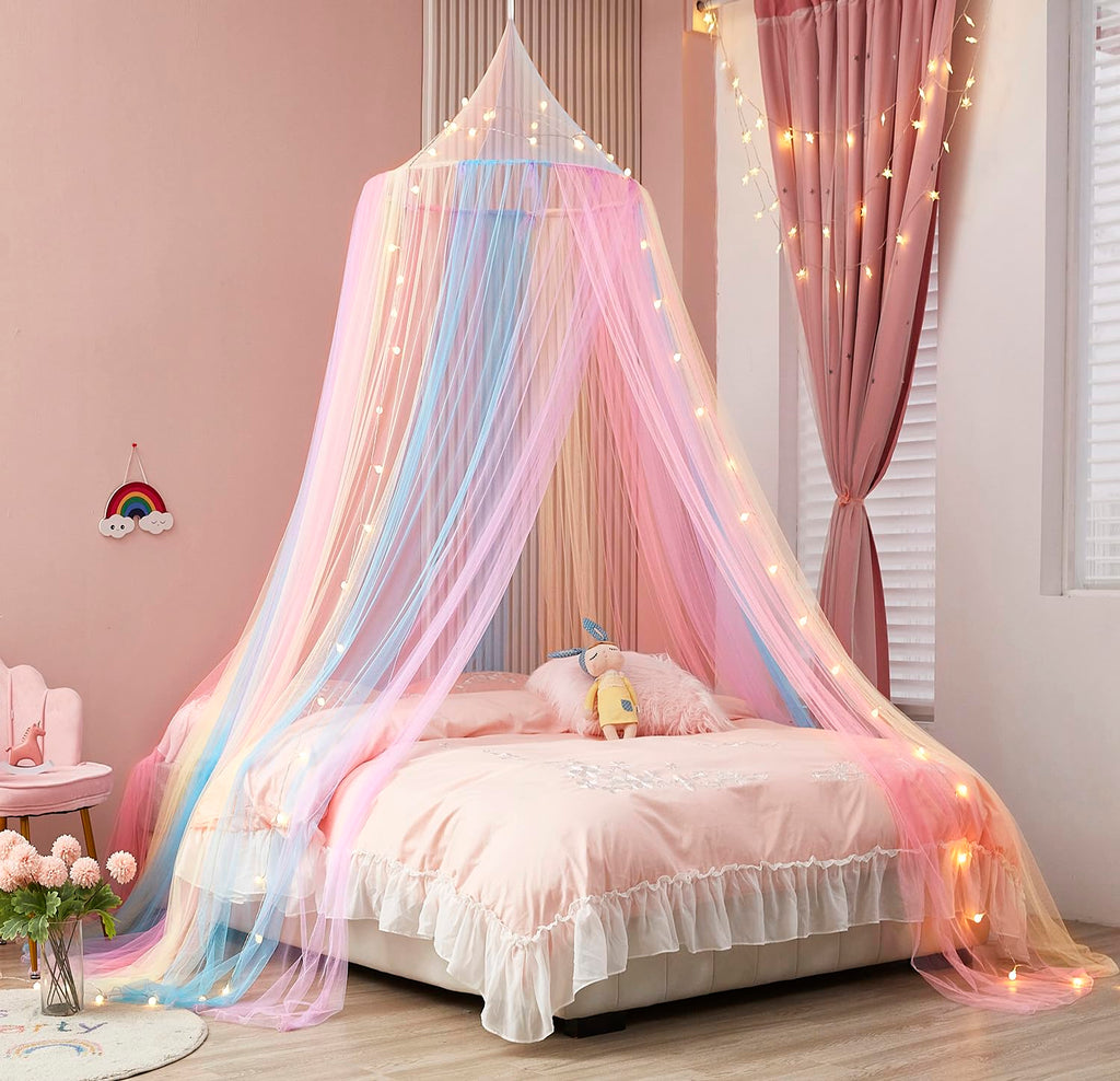 Rainbow Bed Canopy For Girls, Bed Canopy With Lights Canopy For Girls Room Bed Mosquito Netting For Twin Single Full Queen King