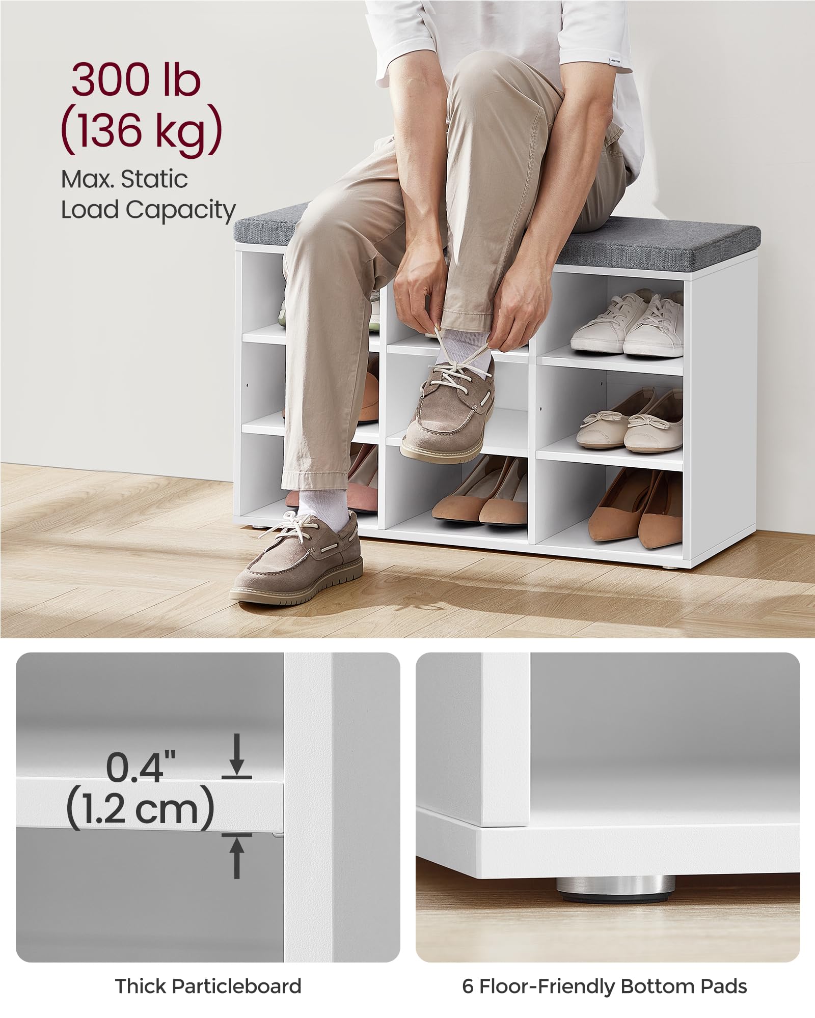 Vasagle Shoe Bench With Cushion, Storage Bench With Padded Seat, Entryway Bench With 9 Compartments, For Bedroom, 11.9 X 30.9 X 18.9 Inches, Cloud White And Dove Gray Ulhs009W14