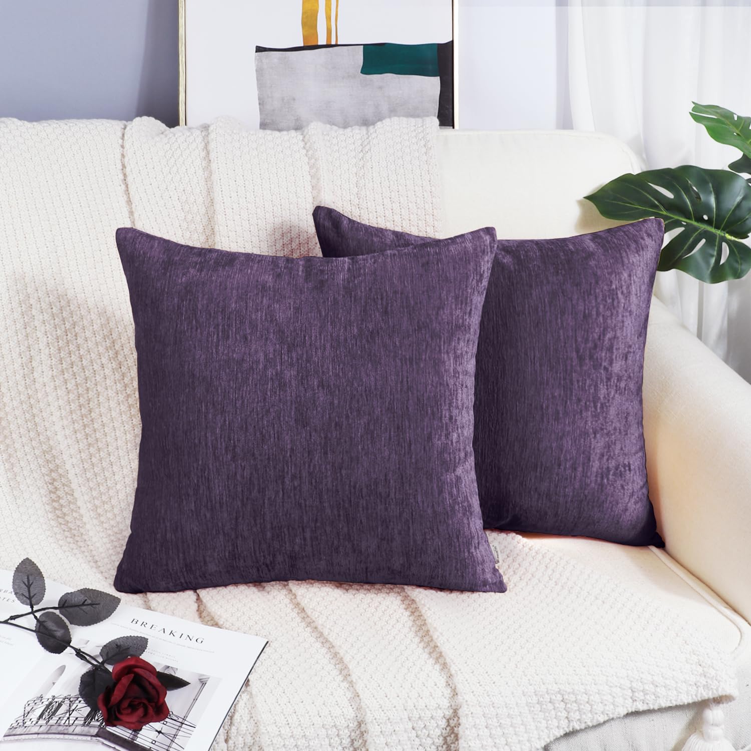 Brawarm Chenille Throw Pillow Covers 22X22 Inches - Purple Chenille Pillow Covers Pack Of 2, Solid Dyed Soft Chenille Pillow Cas