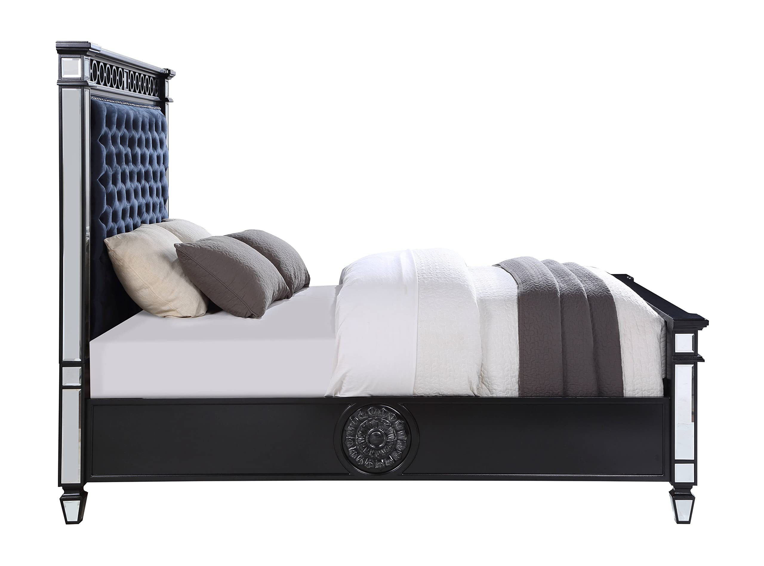 Acme Varian II Queen Bed in Dark Navy Velvet and Black and Silver