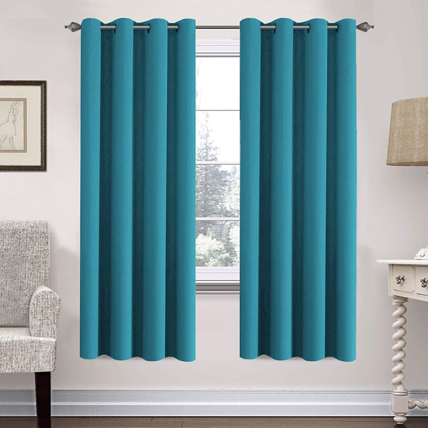 H.VERSAILTEX Solid Turquoise Blue Thermal Insulated Blackout Curtains Nickel Grommet Panels Room Darkening Window Drapes for Bed