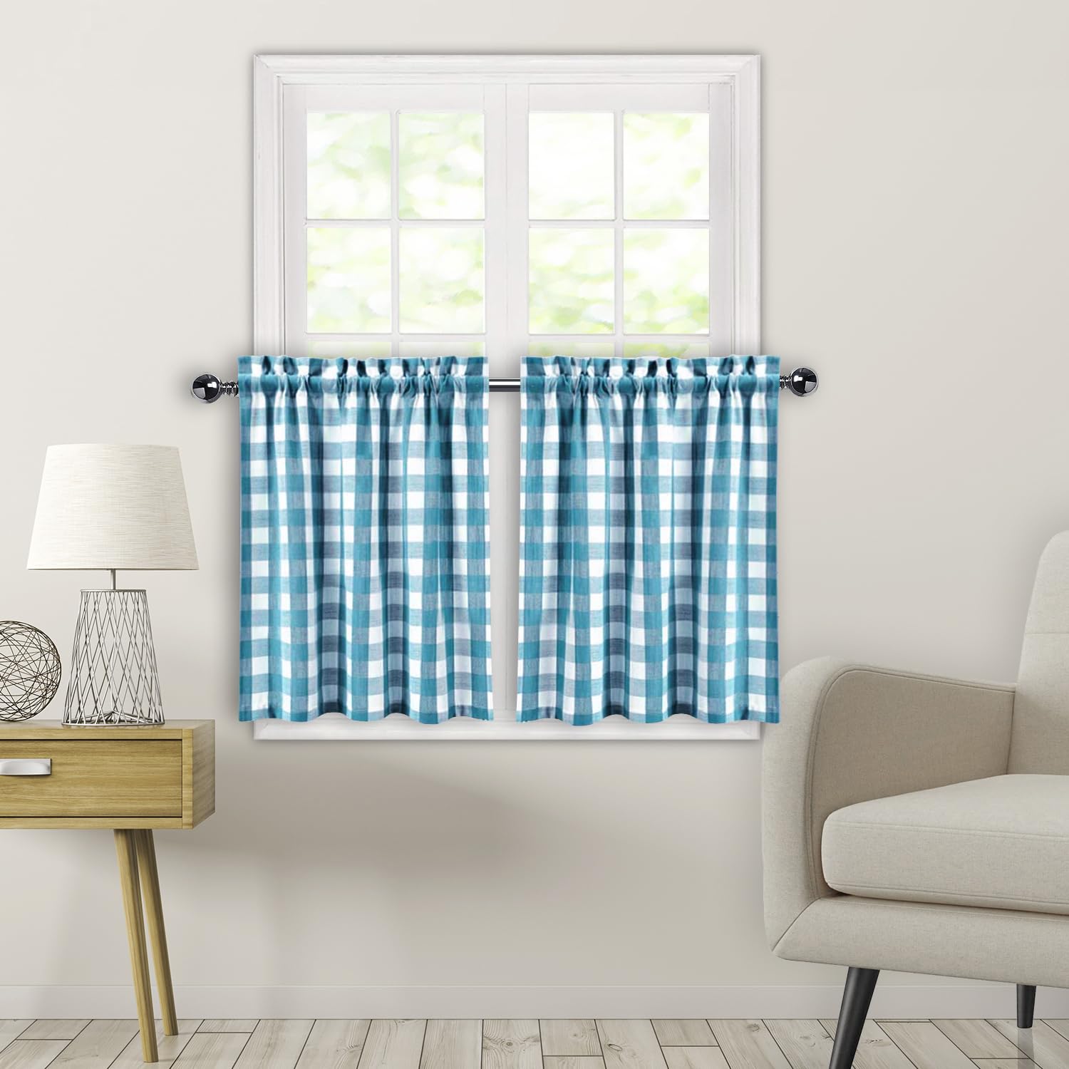 Amzdecor Buffalo Plaid Kitchen Curtains, Gingham Tiers Curtains 36 Inches Long,Country Farmhouse Check Rod Pocket Half Window Ki