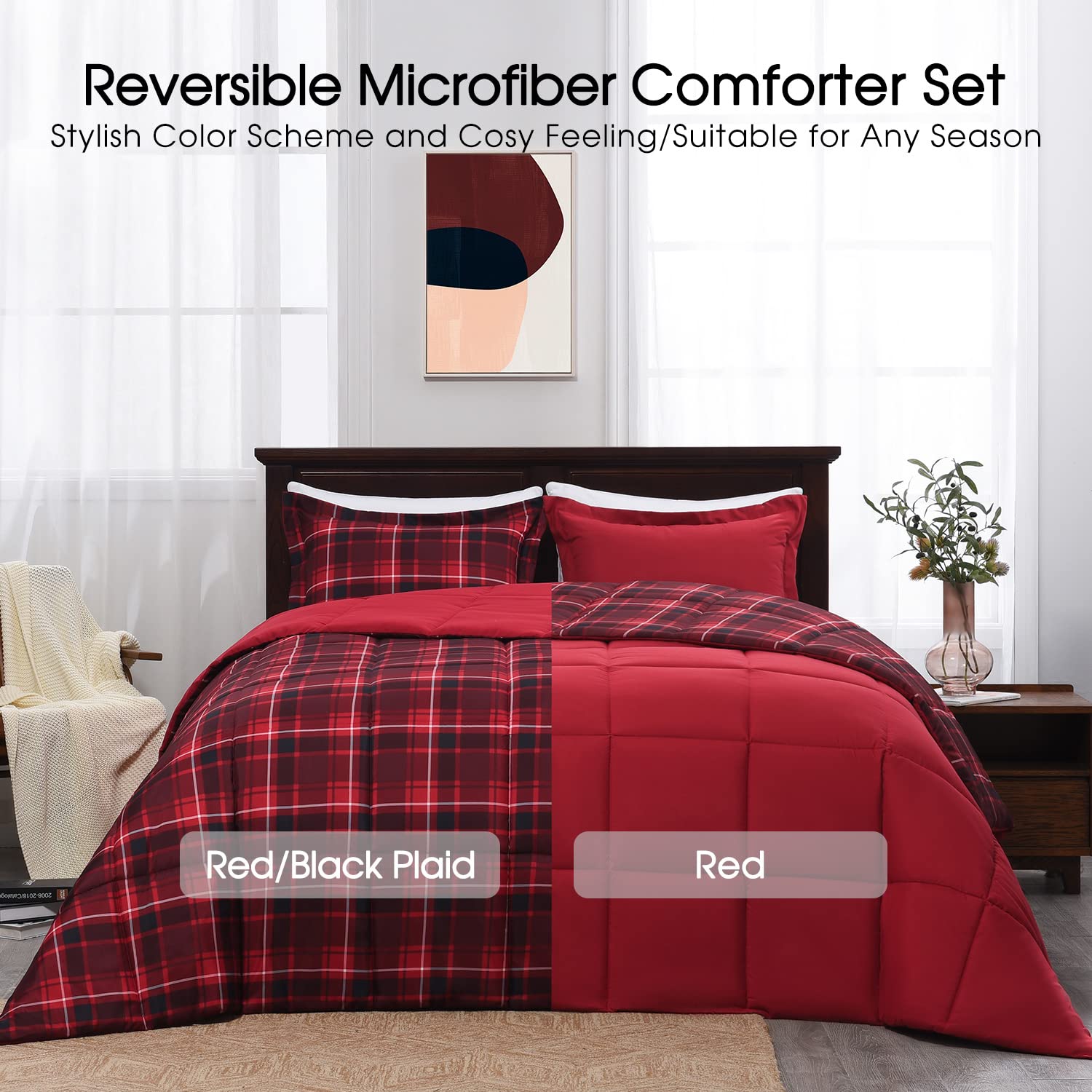 Basic Beyond King Size Comforter Set - Red And Black Buffalo Plaid Comforter Set King Down Alternative Bedding Comforter Set For All Season(1 Comforter With 2 Pillow Shams, 104' X 92')