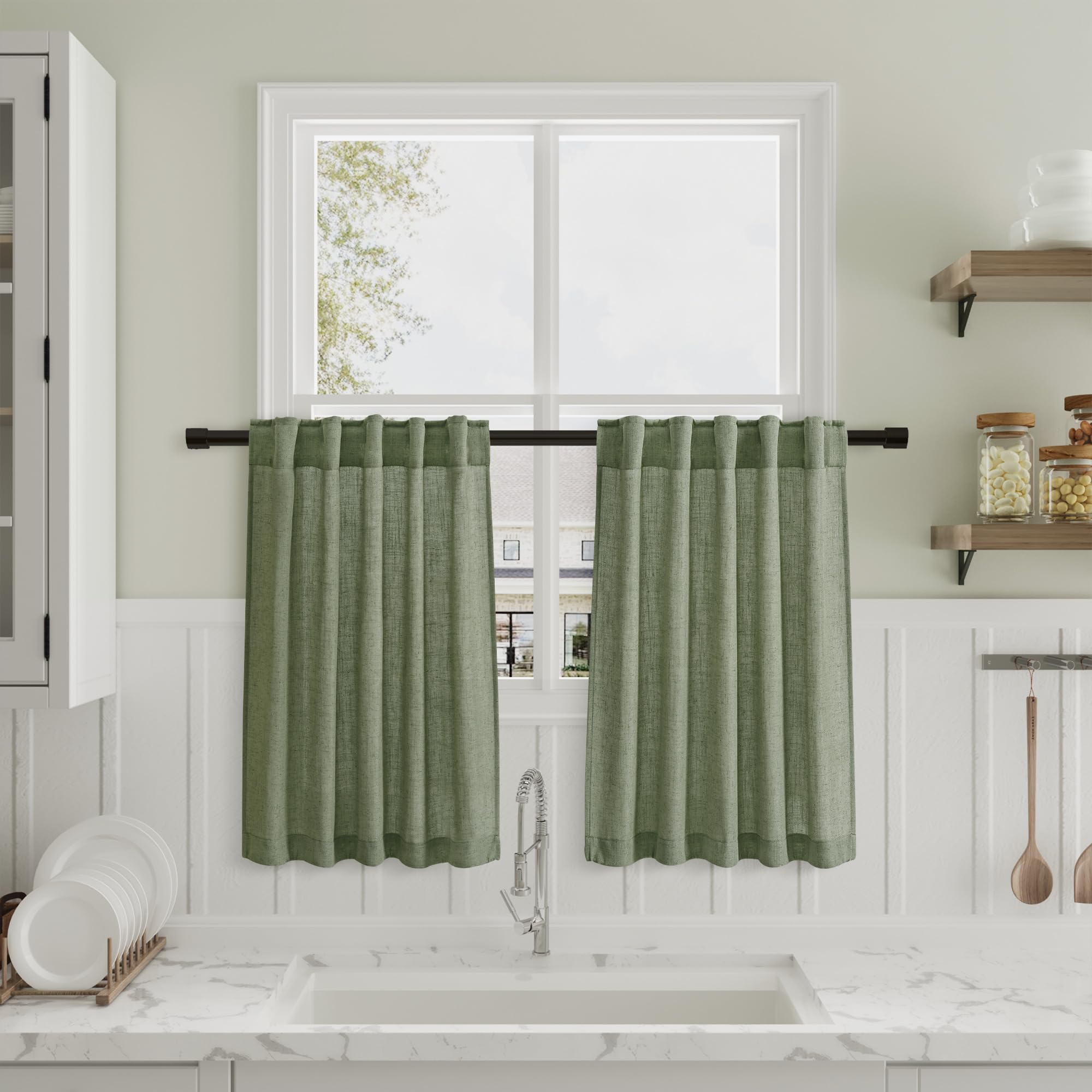 Olive Green Linen Kitchen Curtains 30 Inches Long 2 Panels Back Tab Rod Pocket Farmhouse Light Filtering Semi Sheer Short Curtai