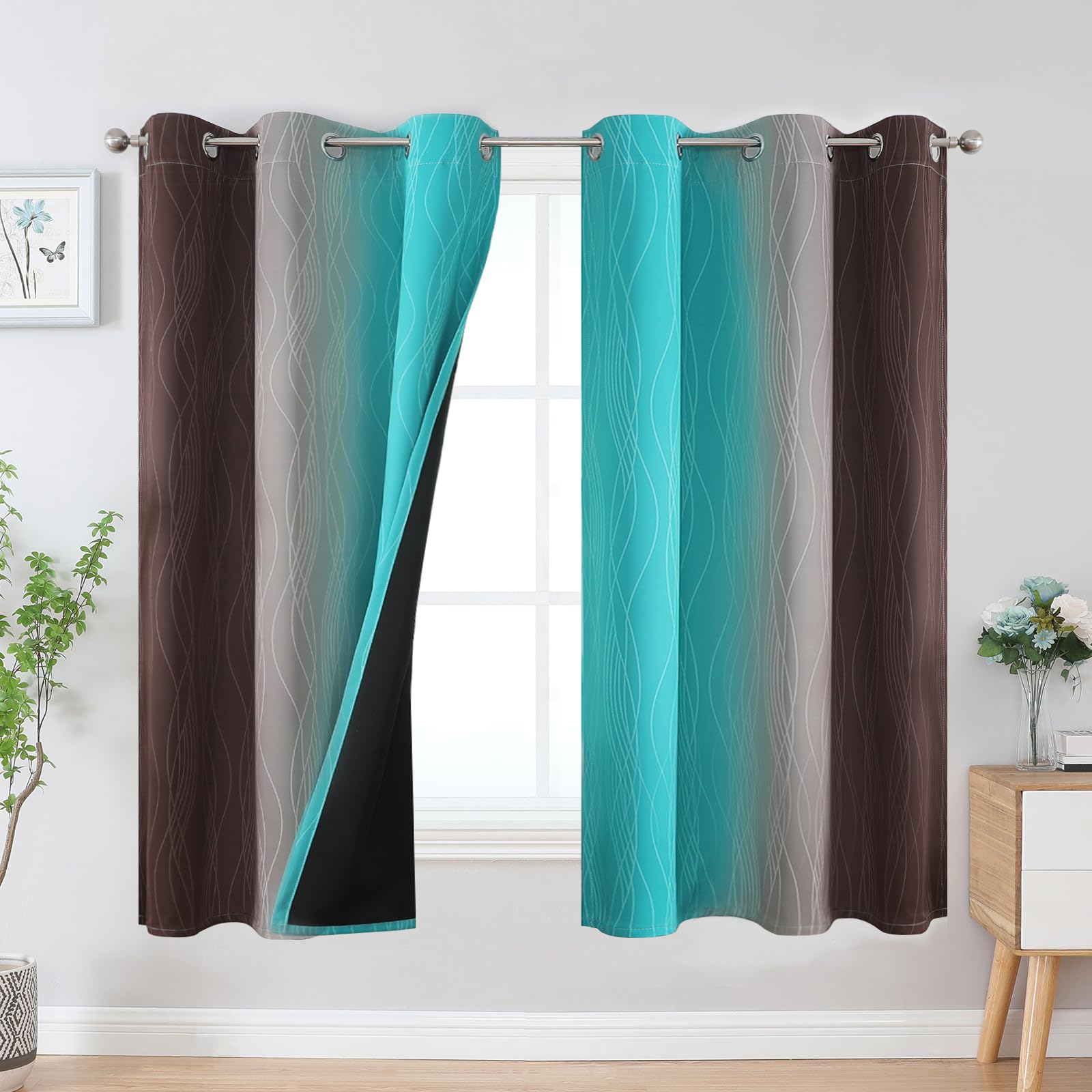 Estelar Textiler Brown And Teal Blackout Curtains & Drapes For Bedroom, Thermal Insulated Ombre Blackout Drapes, Room Darkening