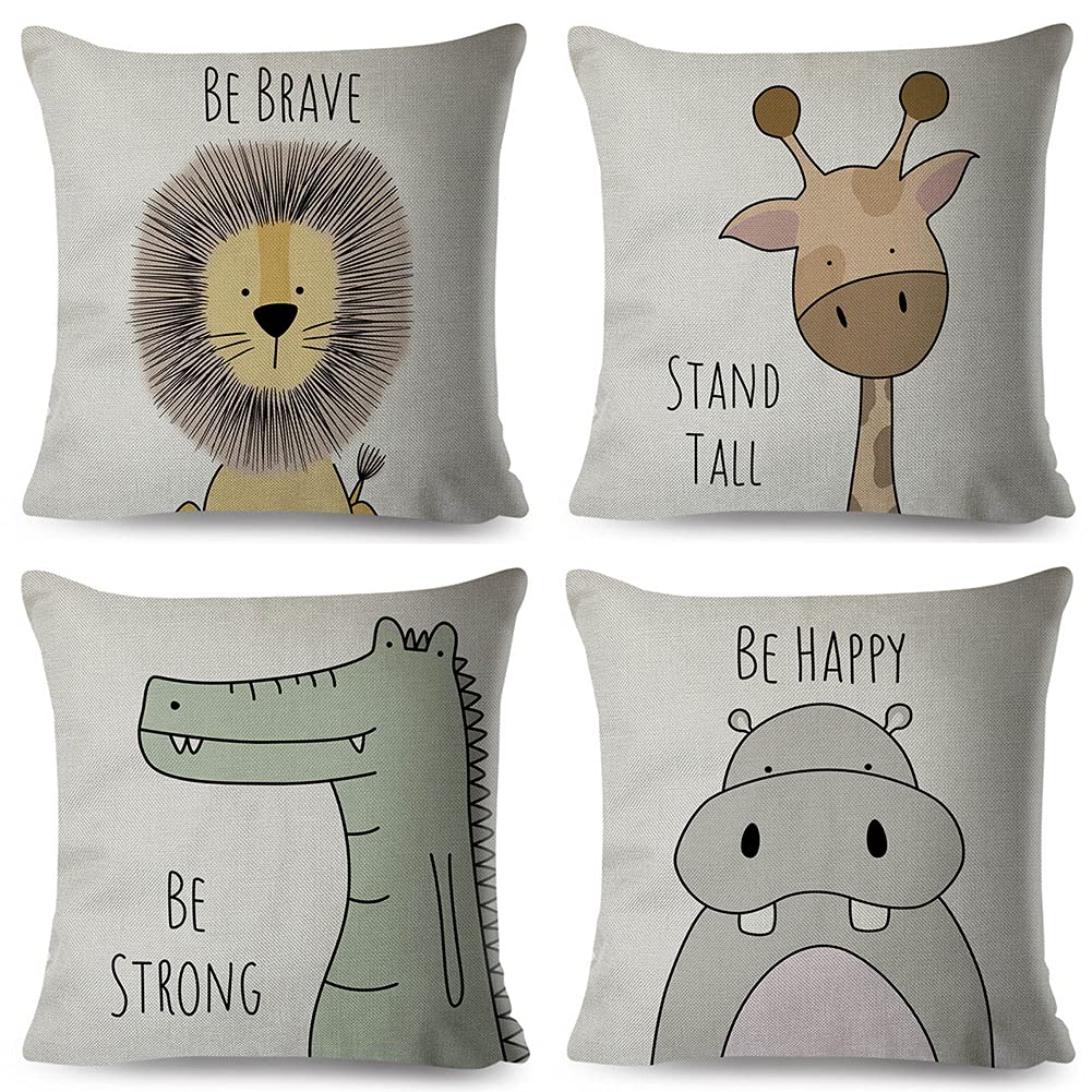 Duile Cartoon Animal Pillow Covers Kids Pillowcase 1818 Inch Set Of 4 Throw Pillow Covers Set Cotton Throw Cushion Case For Sofa