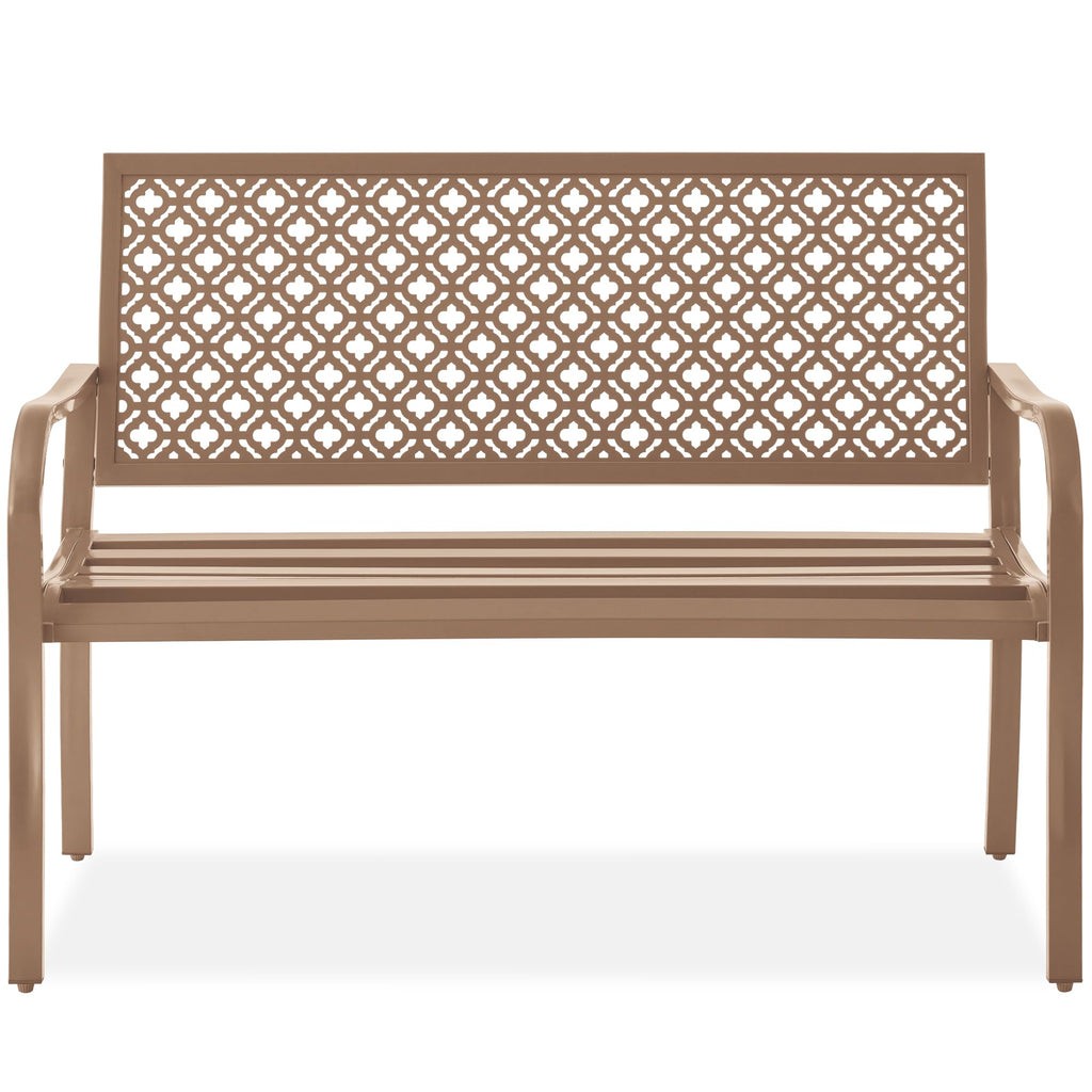 Best Choice Products Outdoor Bench 2-Person Metal Steel Benches Furniture For Garden, Patio, Porch, Entryway W/Geometric Backrest, 790Lb Capacity - Taupe