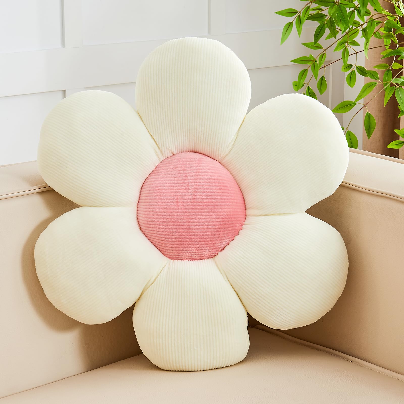 Kcvvcr White Pink Flower Pillow, Soft 14.9 ' Flower Throw Pillow, Cute Flower Shaped Floor Pillow, Aesthetic Floral Plush Daisy