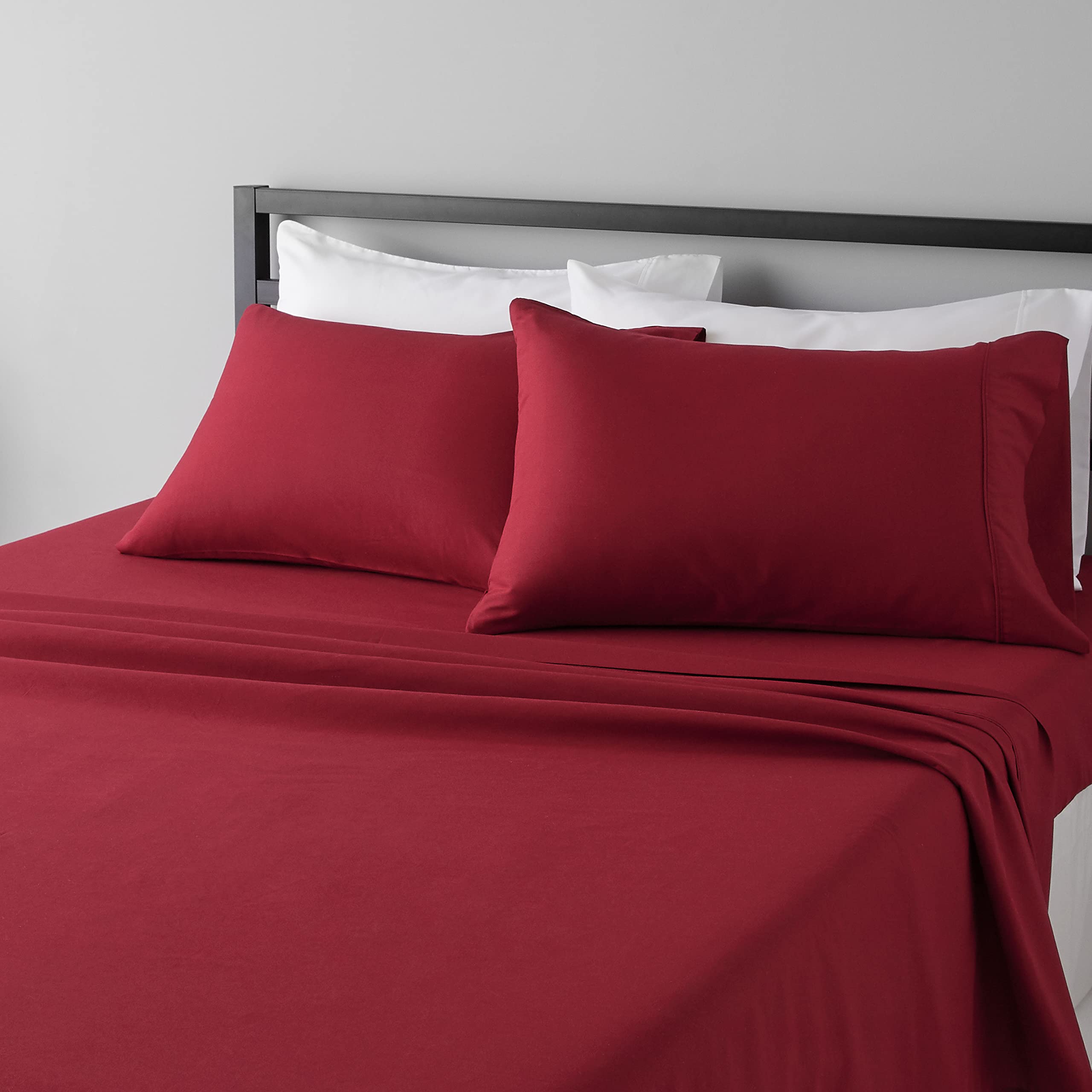 Amazon Basics Lightweight Super Soft Easy Care Microfiber 4-Piece Bed Sheet Set with 14-Inch Deep Pockets, Full, Burgundy, Solid