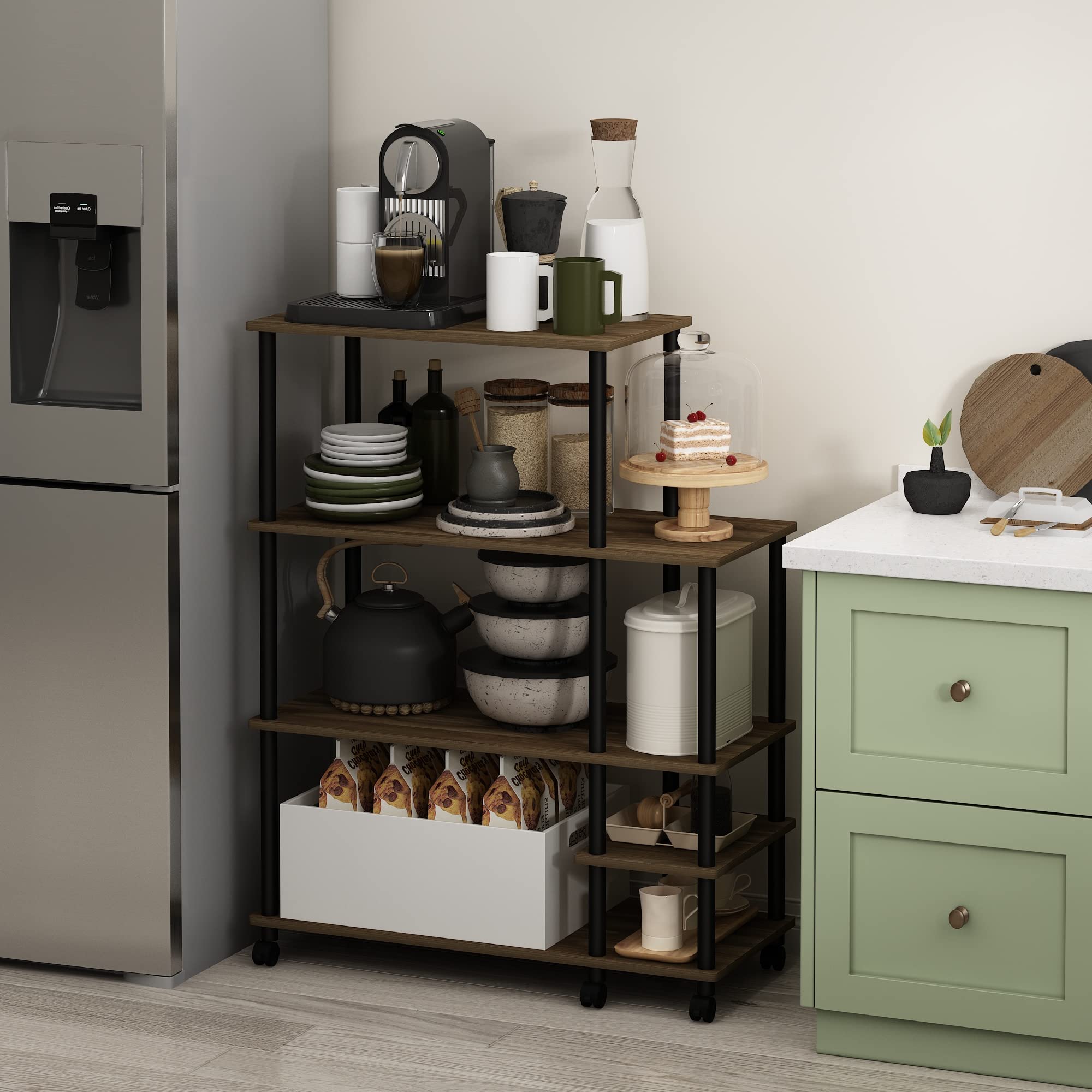 Furinno Turn-N-Tube Kitchen Shelf Cart, Columbia Walnut/Black