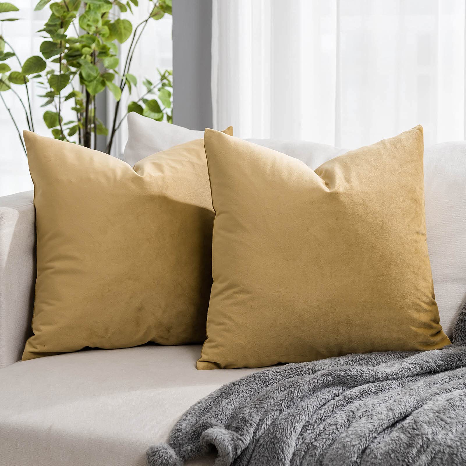 Quafoo Khaki Couch Velvet Throw Pillow Covers 20X20 Inch Set Of 2 With Zipper Decorative Luxury Soft Solid Square Cushion Covers