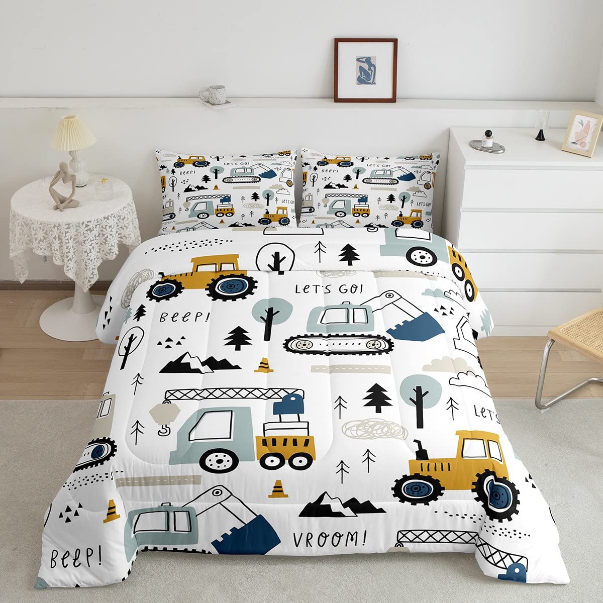 Cartoon Car Kids Comforter Set Construction Bedding Set Decor Equipment Trucks Comforter Cartoon Car Excavator Tractor White Yel